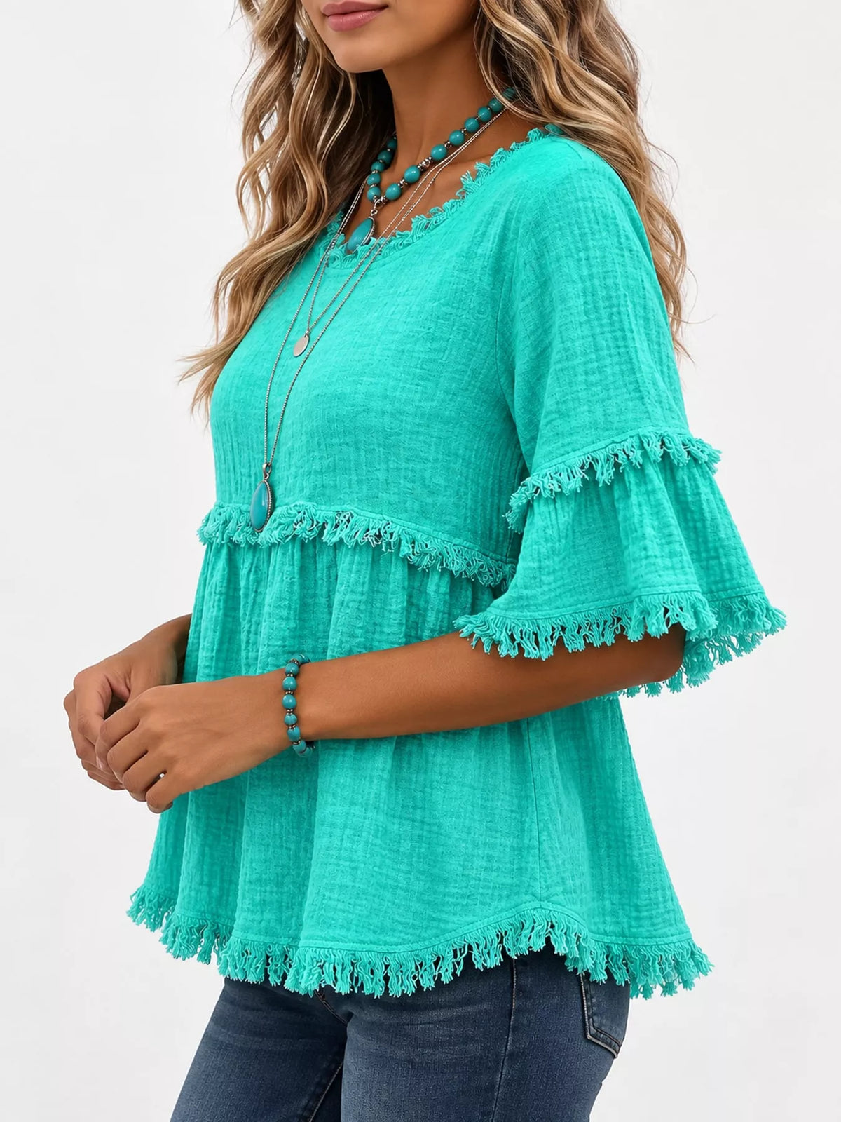 full size frayed edge textured blouse plus | dropsona - neutral - usage example