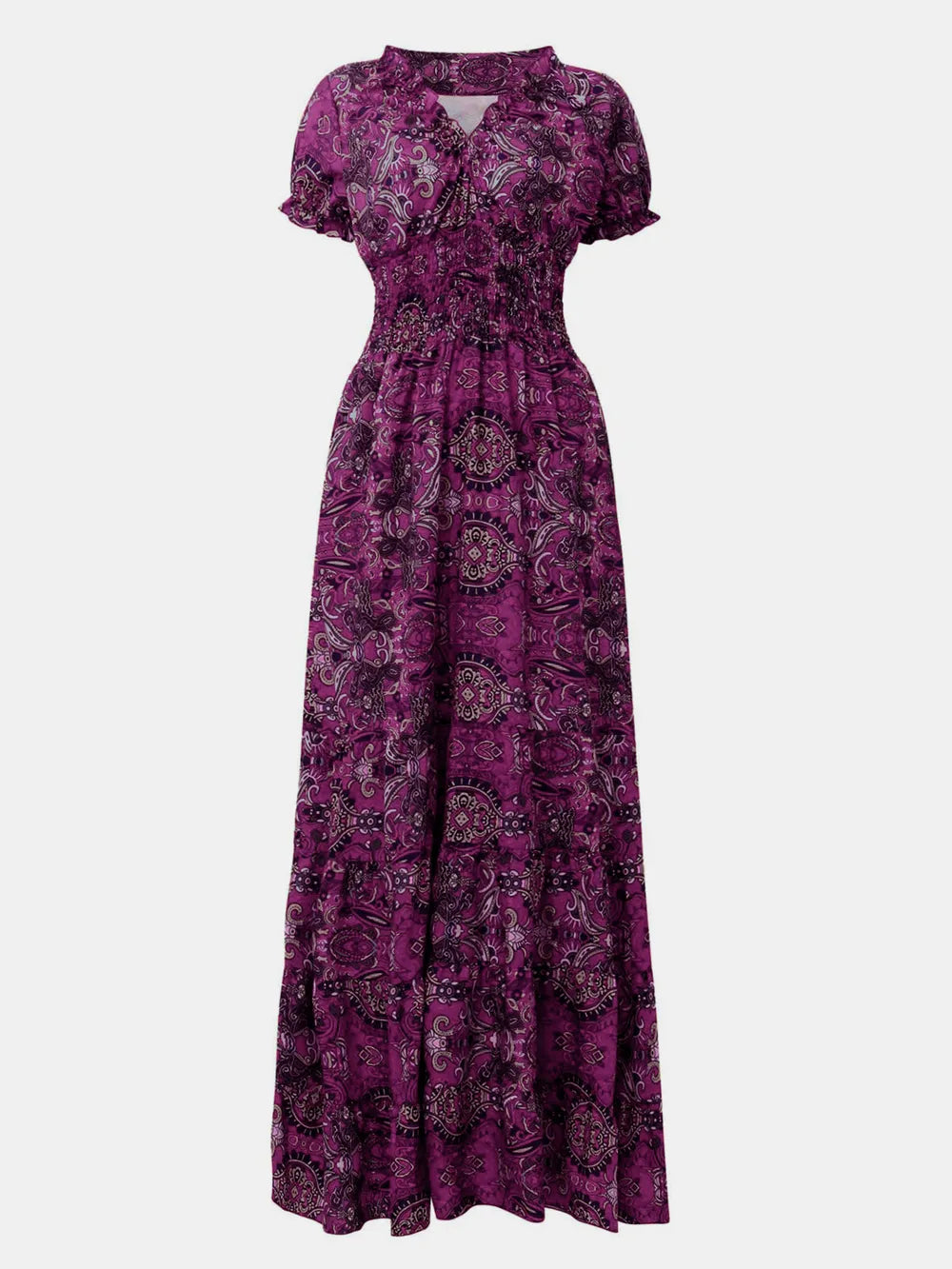 full size smocked printed v-neck short sleeve dress - close-up detail