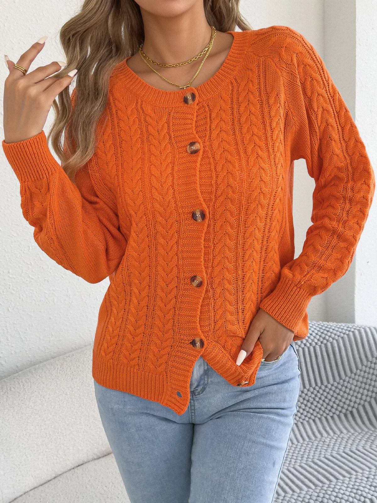 cable knit button-front cardigan – cable-knit,buttoned | dropsona - neutral - size reference