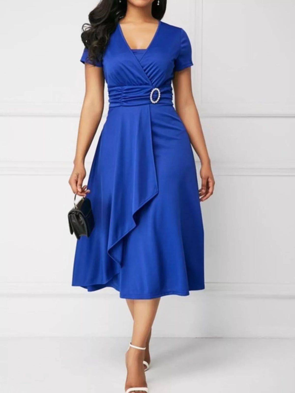 full size decorative buckle short sleeve dress plus | dropsona - neutral - close-up detail