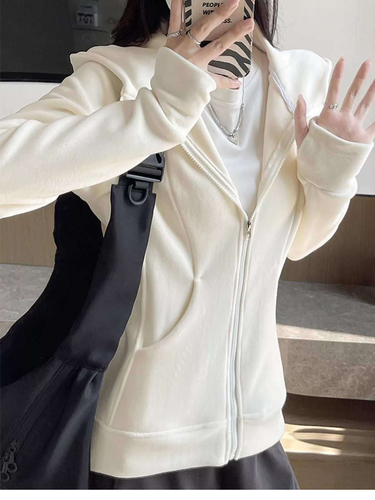 slim-fit full-zip thumb hole long sleeve hoodie with | dropsona - neutral - close-up detail