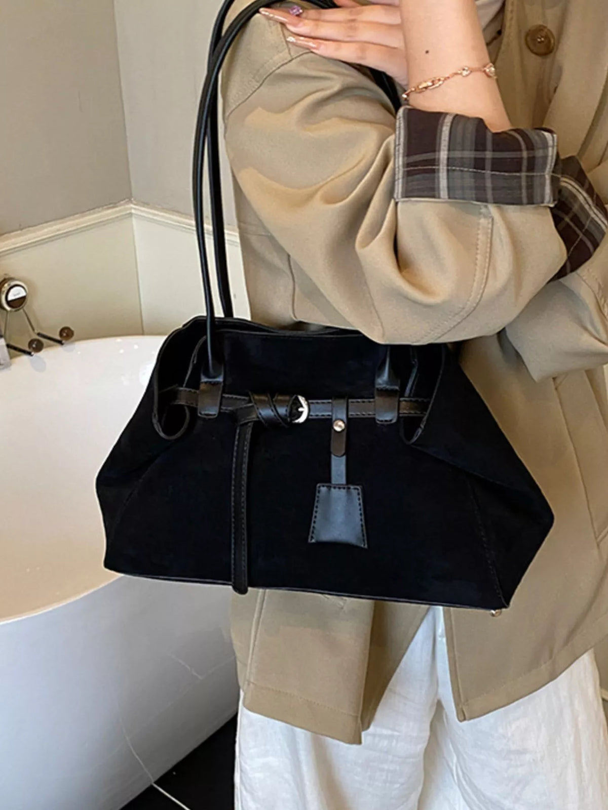 suede decorative belt buckle shoulder bag | dropsona - neutral - front view