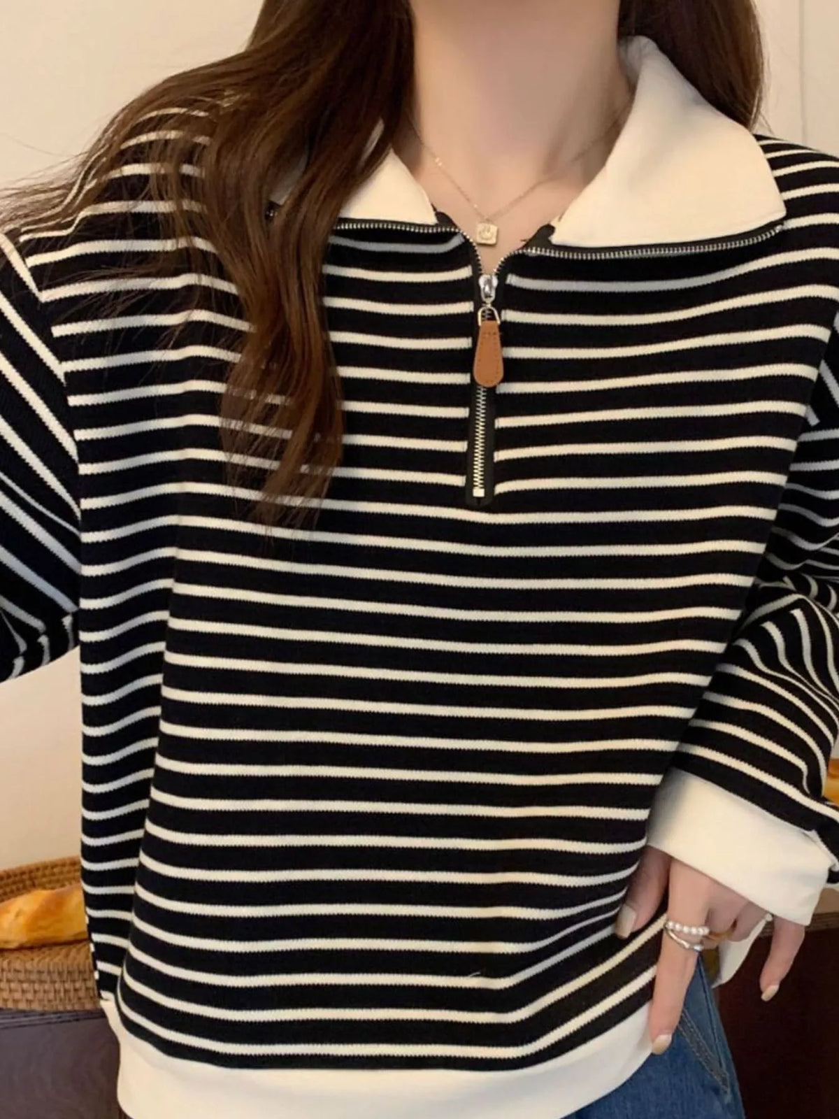 plus size striped quarter-zip pullover sweatshirt | dropsona - neutral - front view