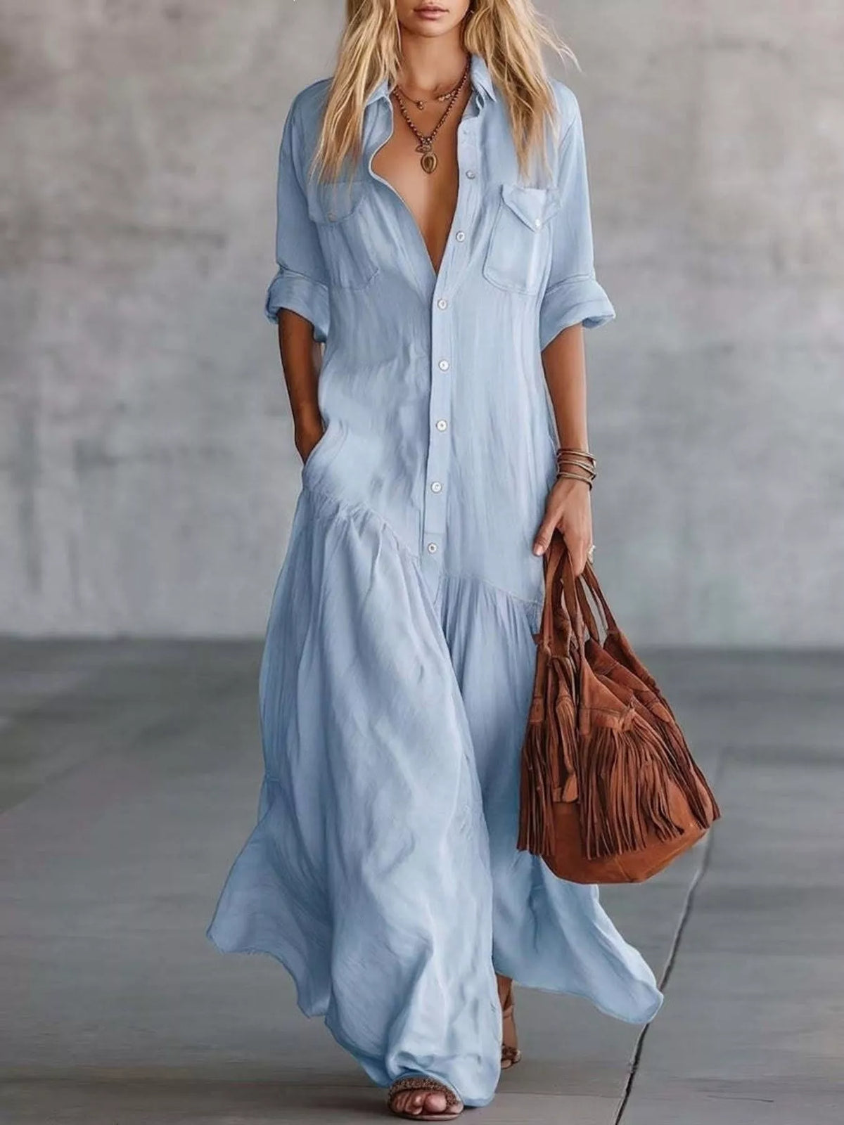 full size button-down maxi shirt dress with pockets | dropsona - neutral - close-up detail
