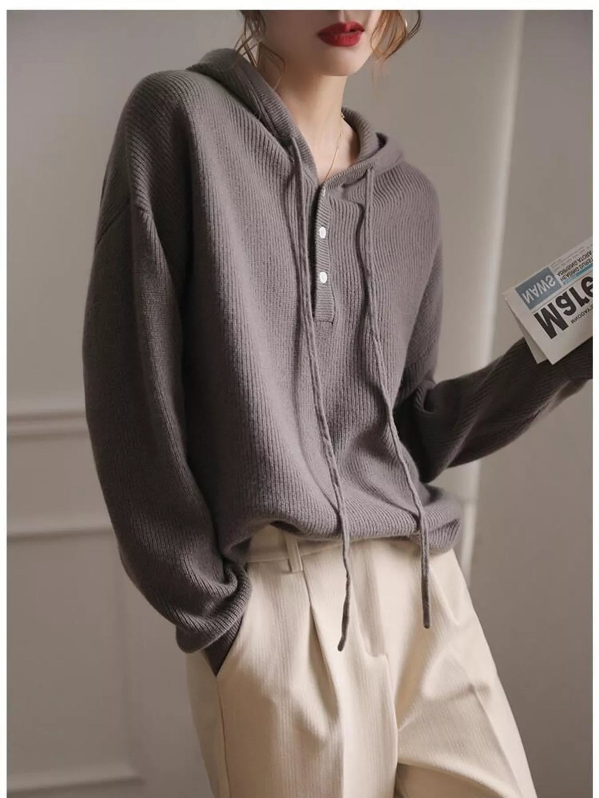 drawstring button detail hooded sweater | dropsona - neutral - close-up detail