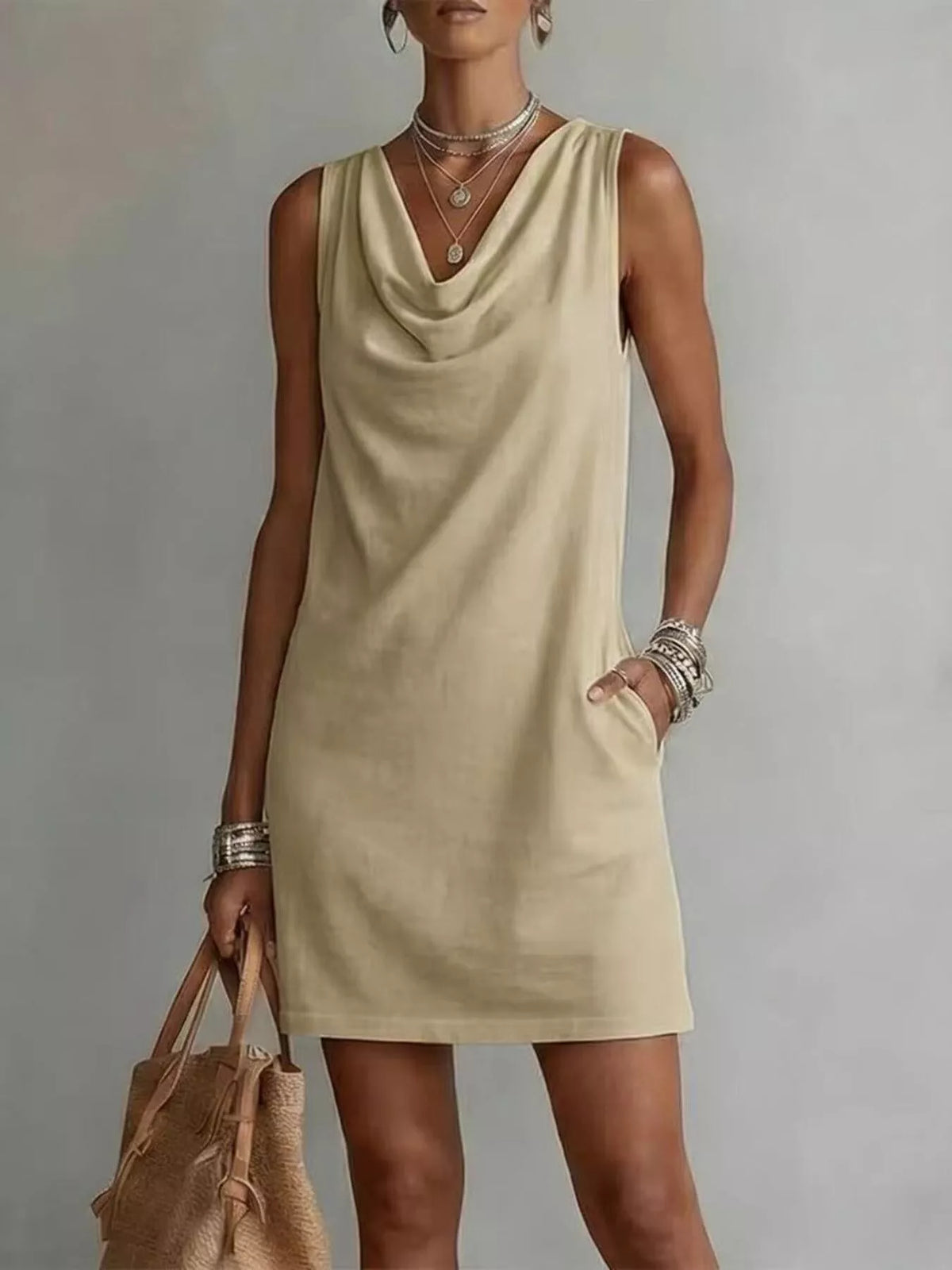 full size sleeveless cowl neck mini dress plus | dropsona - neutral - size reference