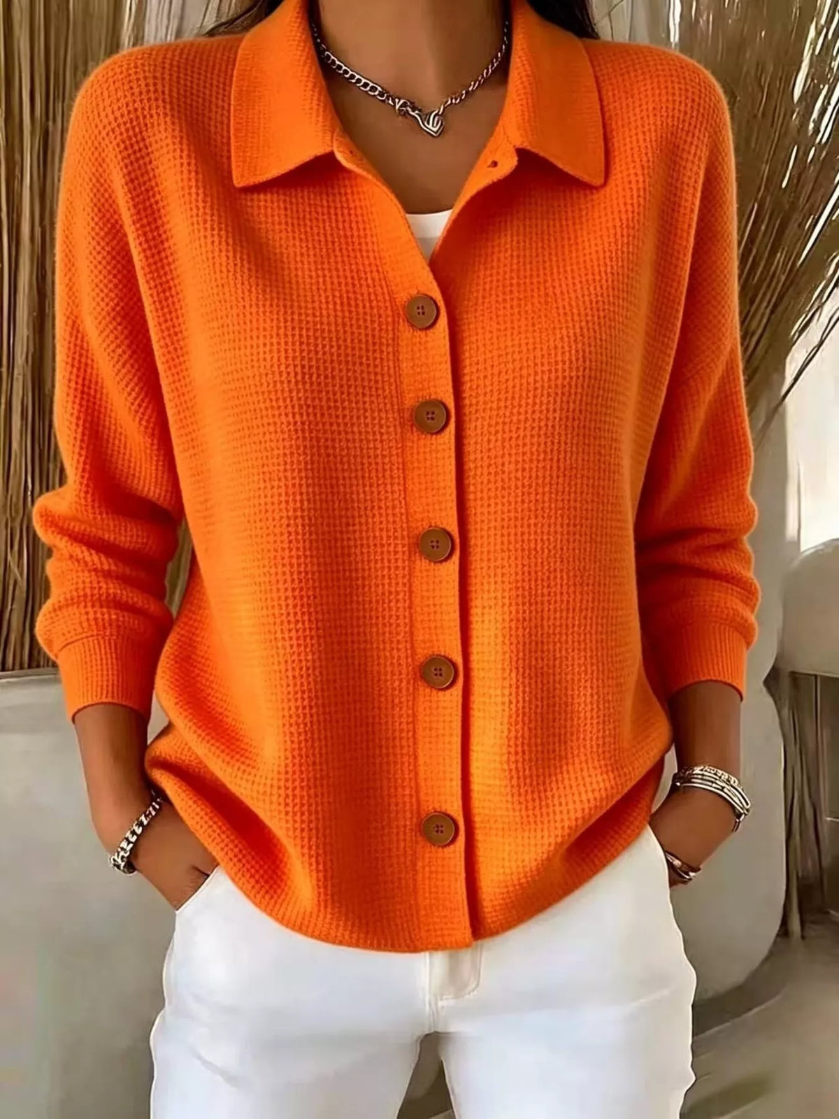 full size waffle knit button-down shirt plus | dropsona - neutral - close-up detail