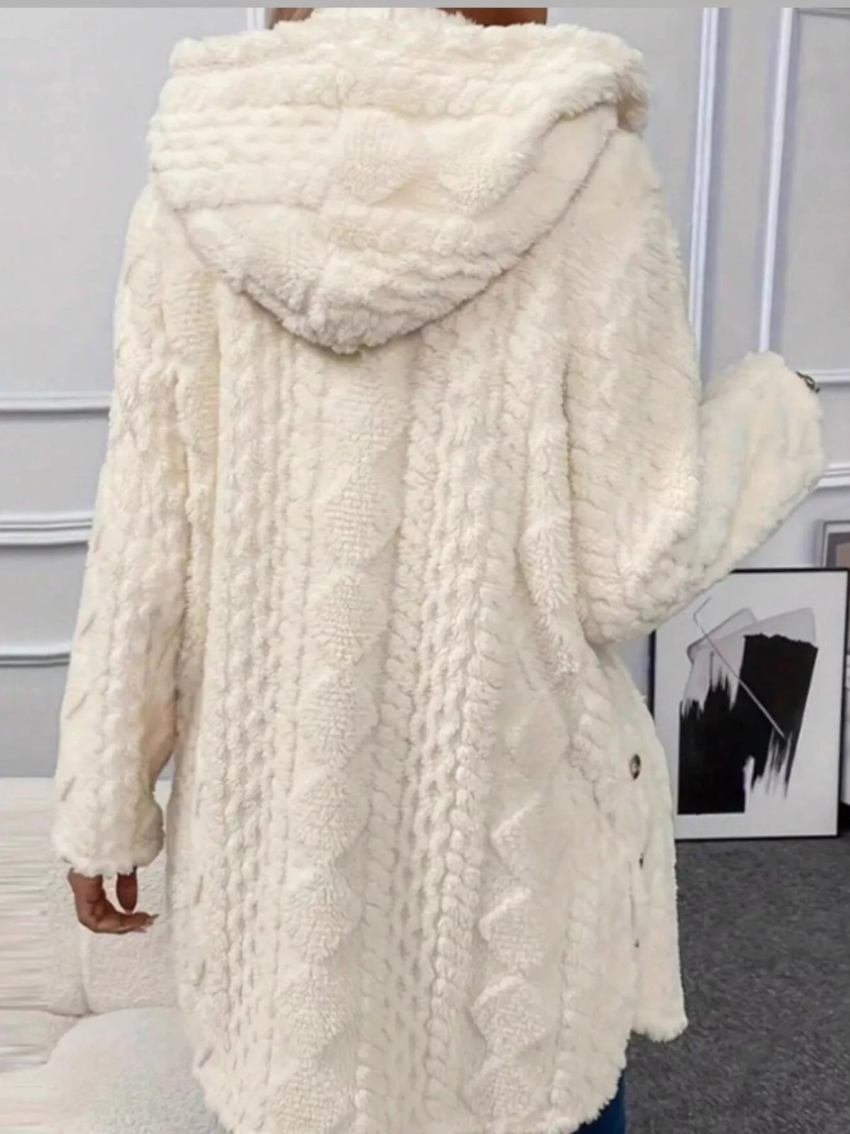 cozy cable-knit faux shearling hooded outerwear | dropsona - neutral - material texture
