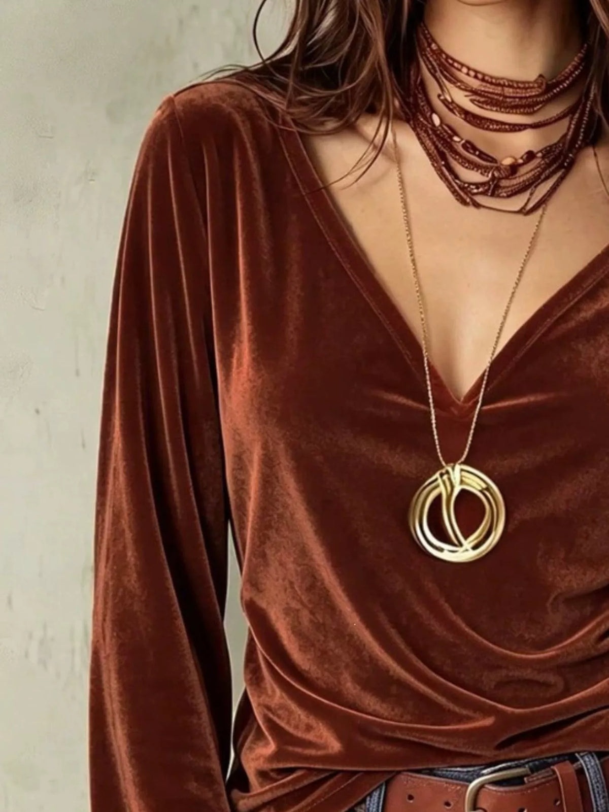 full size v-neck long sleeve velvet blouse plus | dropsona - neutral - close-up detail