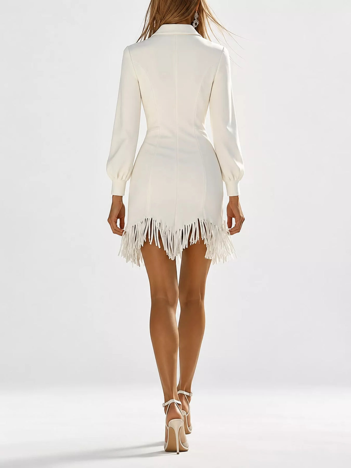 zip-front long sleeve fringe hem mini dress | dropsona - neutral - size reference