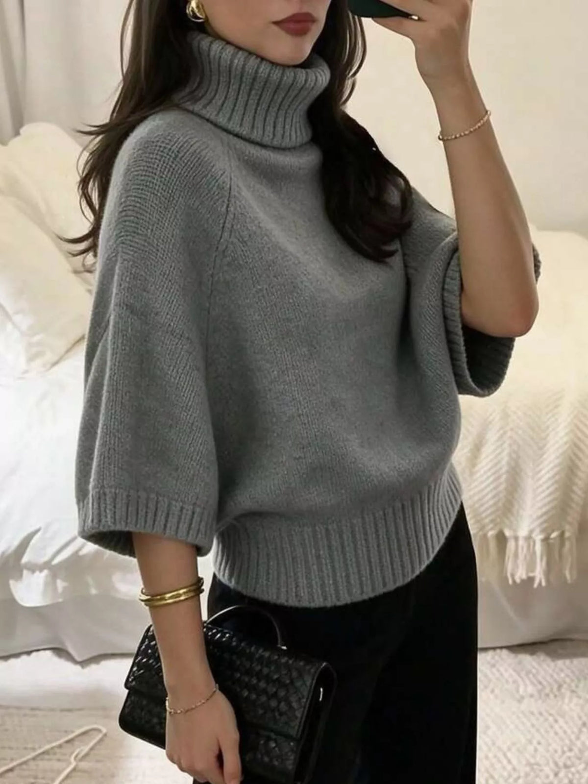 turtleneck batwing sleeve sweater – basic style | dropsona - neutral - front view