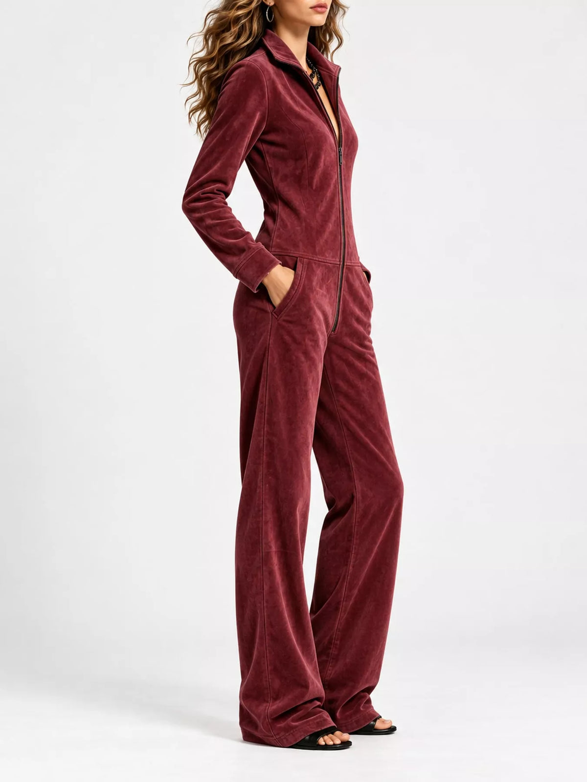 full size chic velour zip-up jumpsuit with pockets | dropsona - neutral - size reference