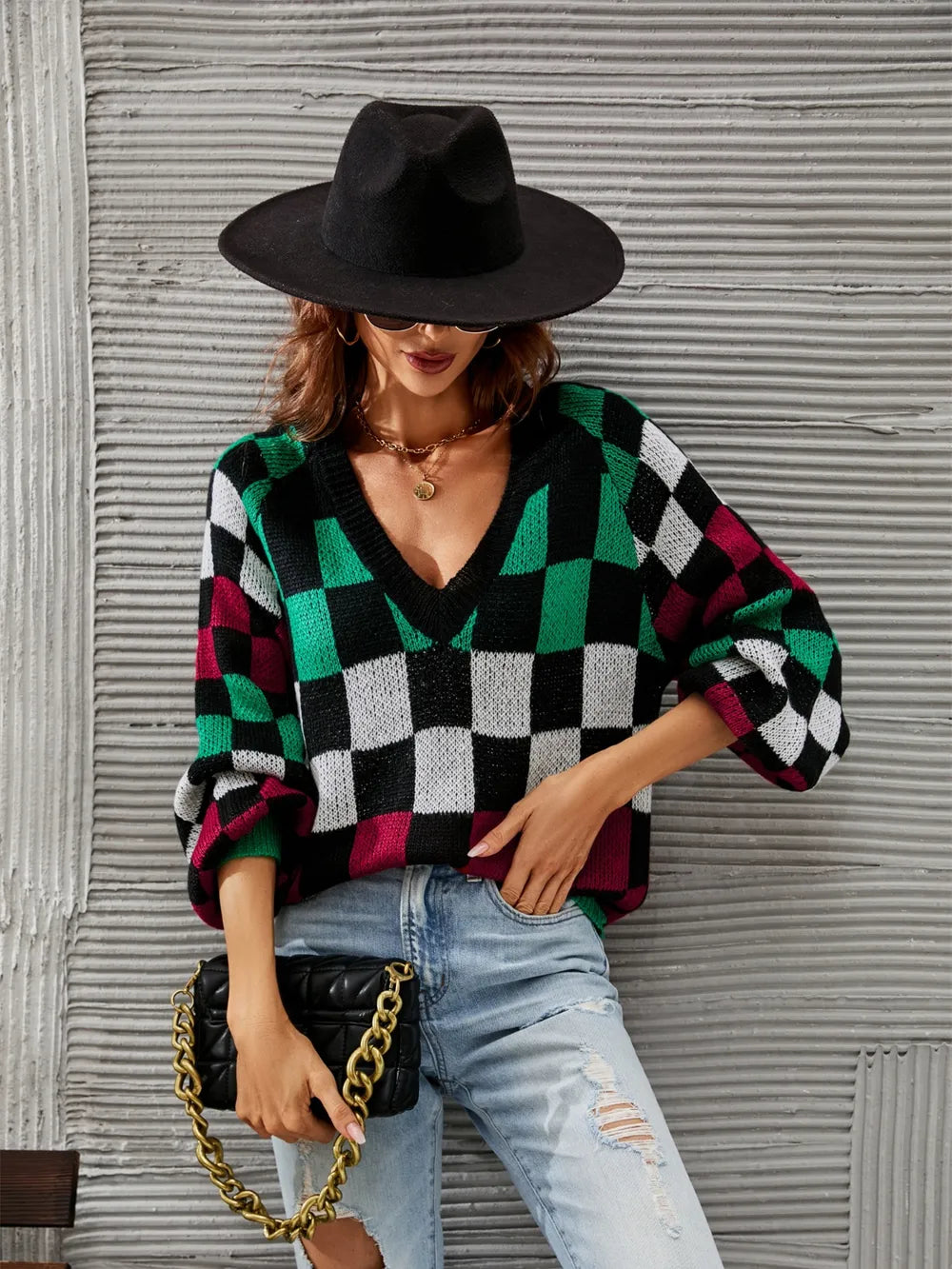 angel wings checkered v-neck lantern sleeve sweater | dropsona - neutral - material texture
