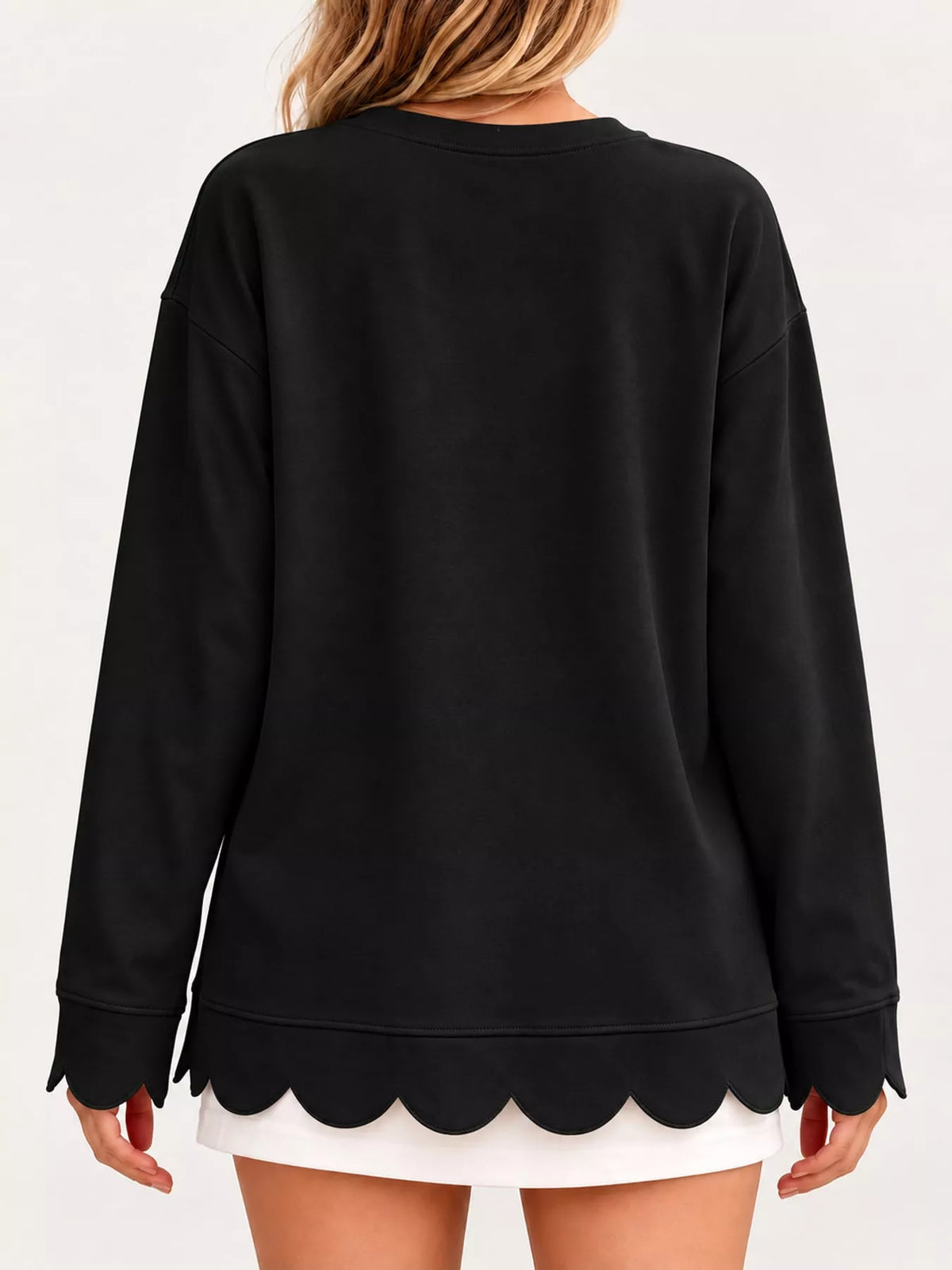 full size casual scalloped hem crewneck sweatshirt | dropsona - neutral - close-up detail