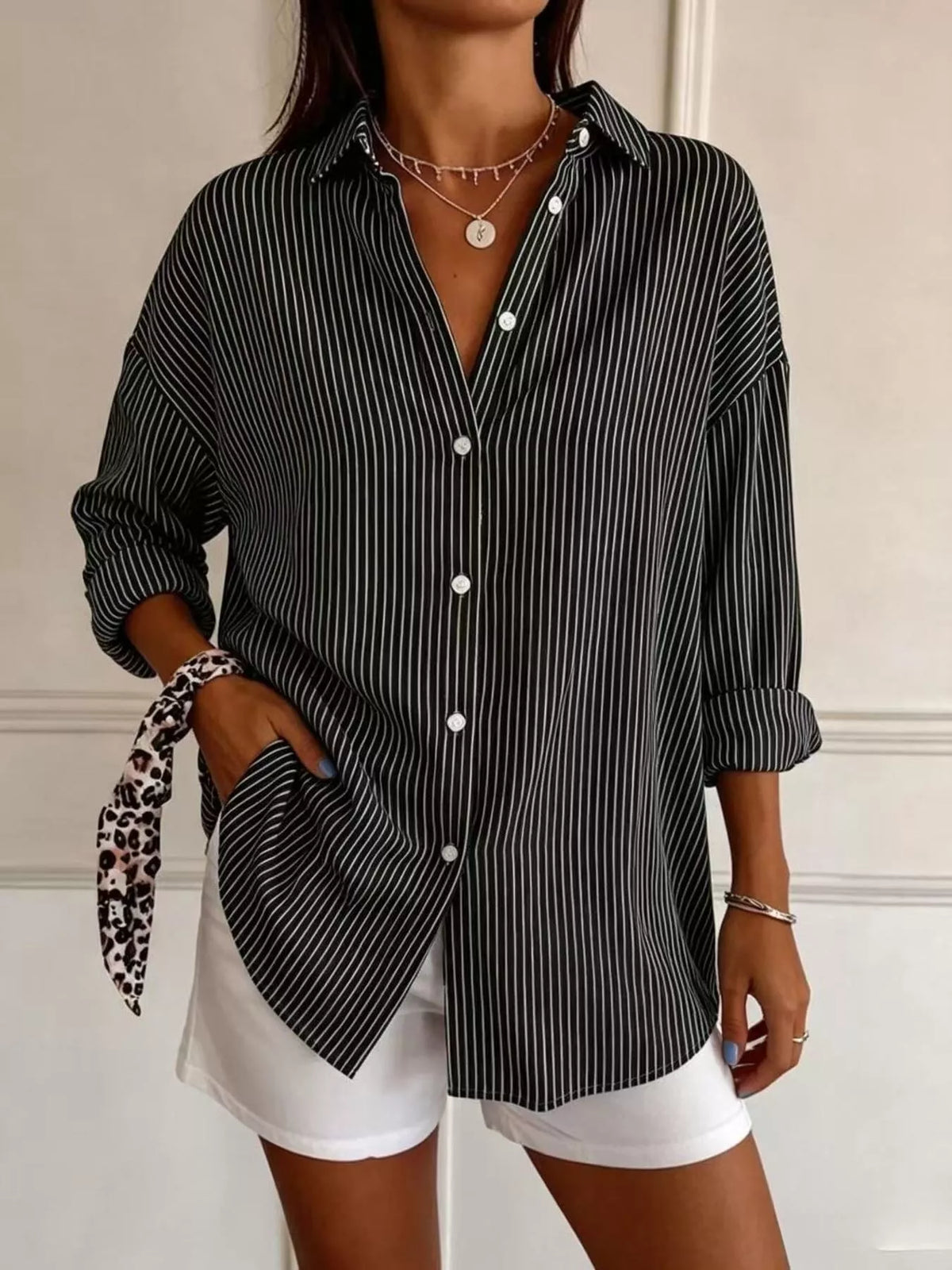 full size striped button-down long sleeve shirt plus | dropsona - neutral - size reference