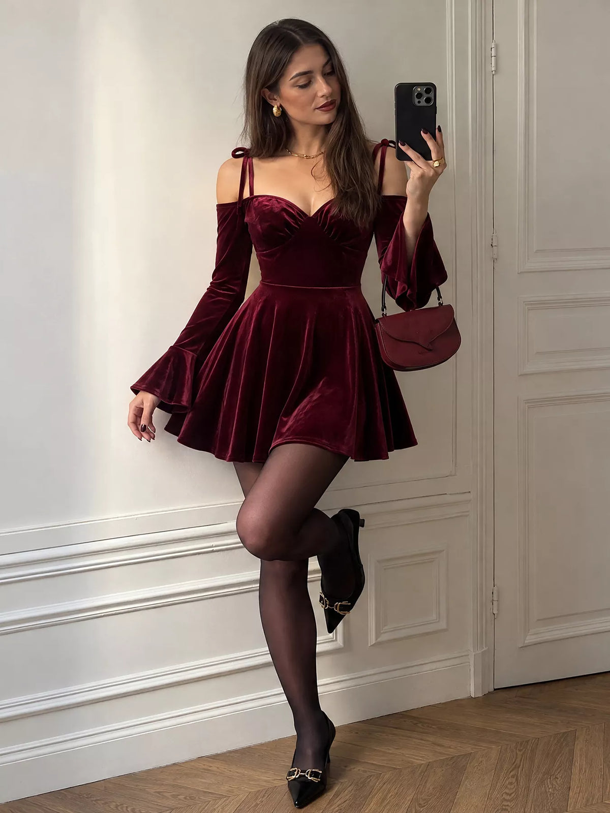 velvet tie shoulder mini dress – tied,ruffled | dropsona - neutral - material texture