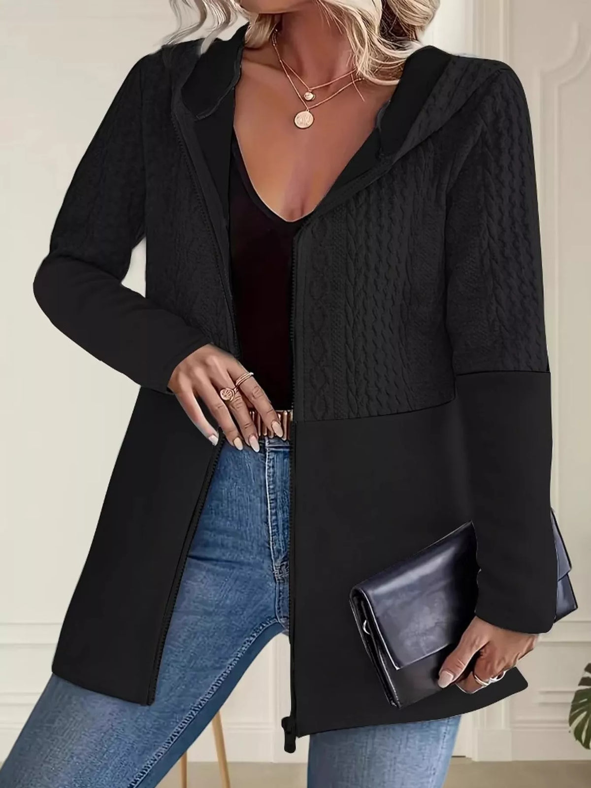 full size textured hooded zip-up jacket plus | dropsona - neutral - material texture
