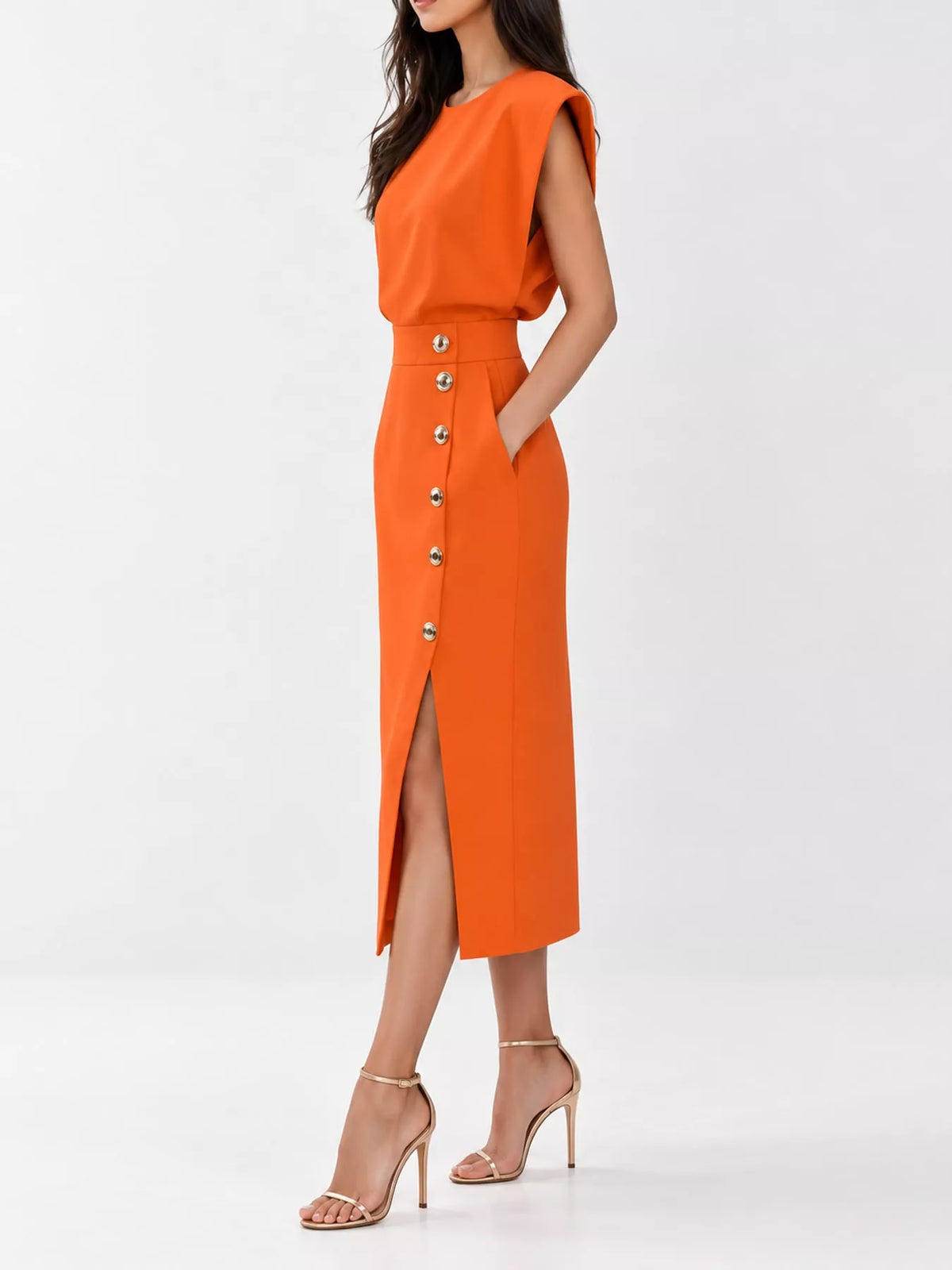 sleeveless midi dress with gold button detail and | dropsona - neutral - packaging