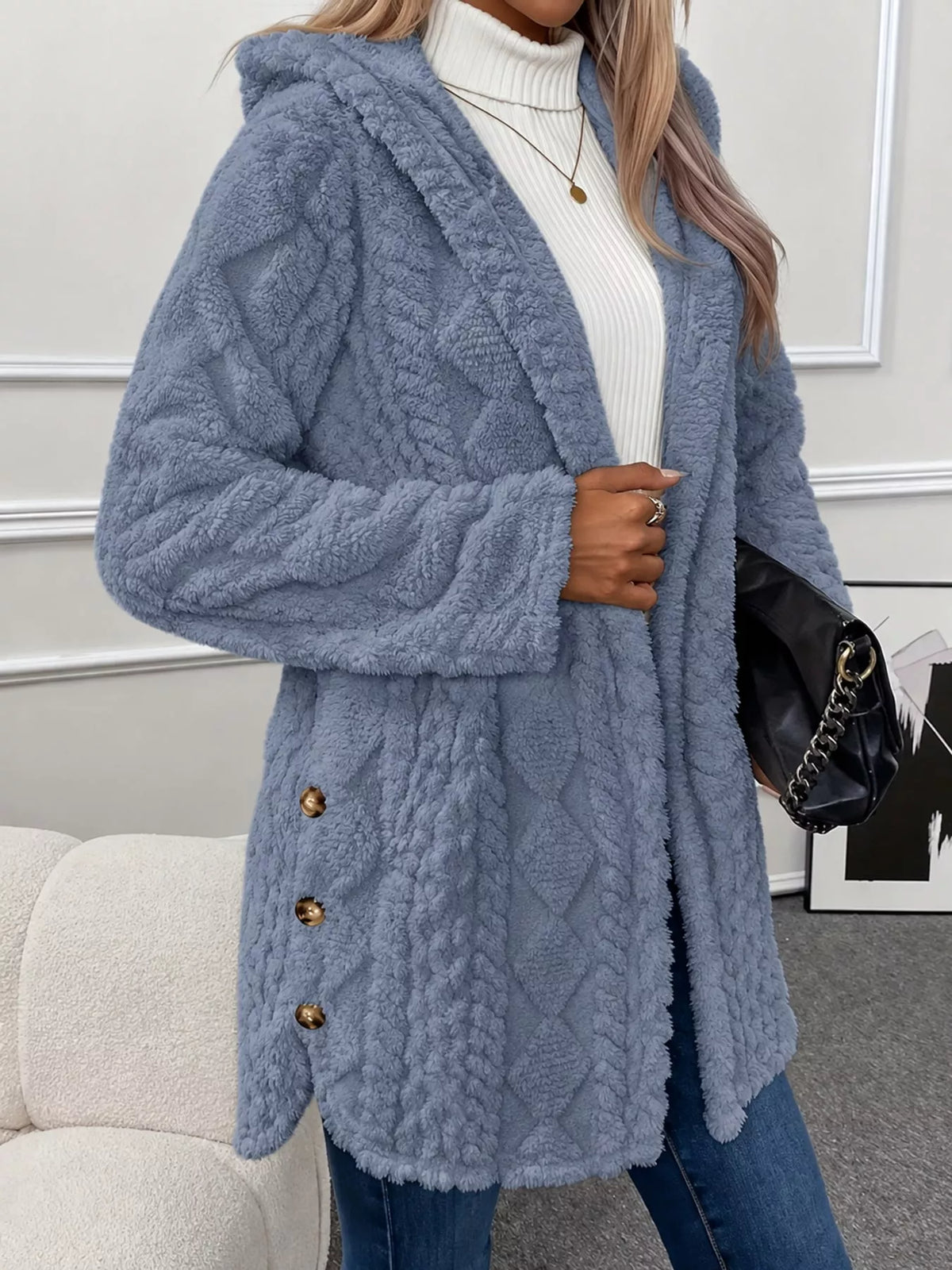 full size cozy cable-knit faux fur hooded outerwear | dropsona - neutral - size reference