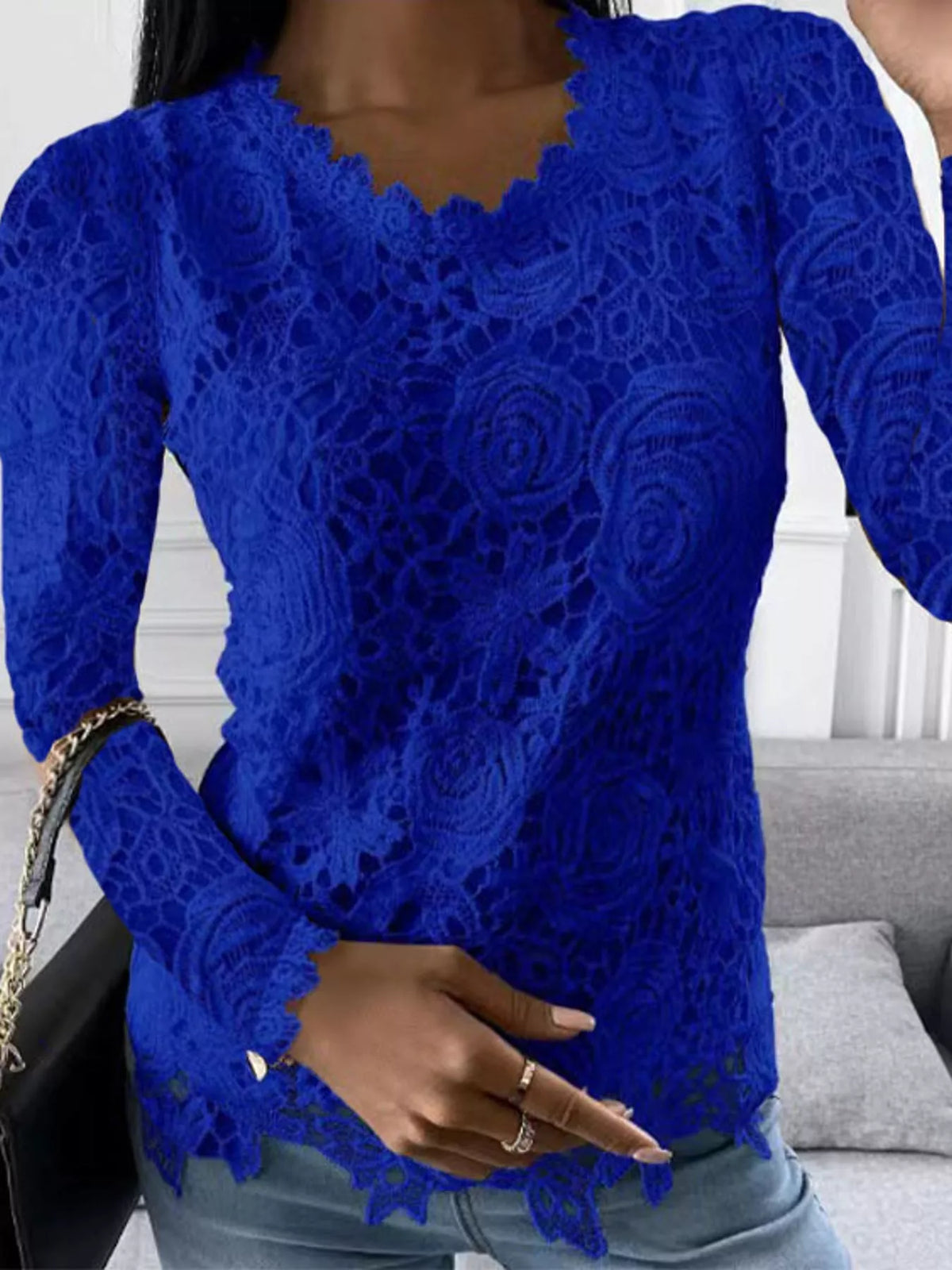 full size lace long sleeve blouse plus | dropsona - neutral - close-up detail