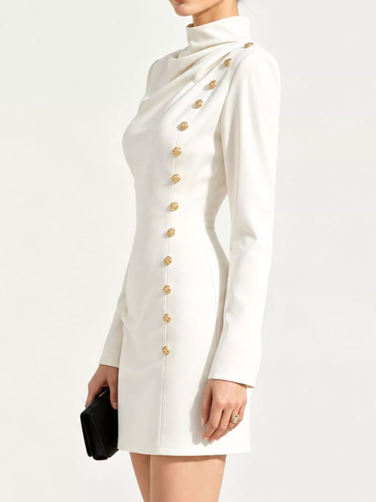 full size decorative button mock neck mini dress plus | dropsona - neutral - close-up detail