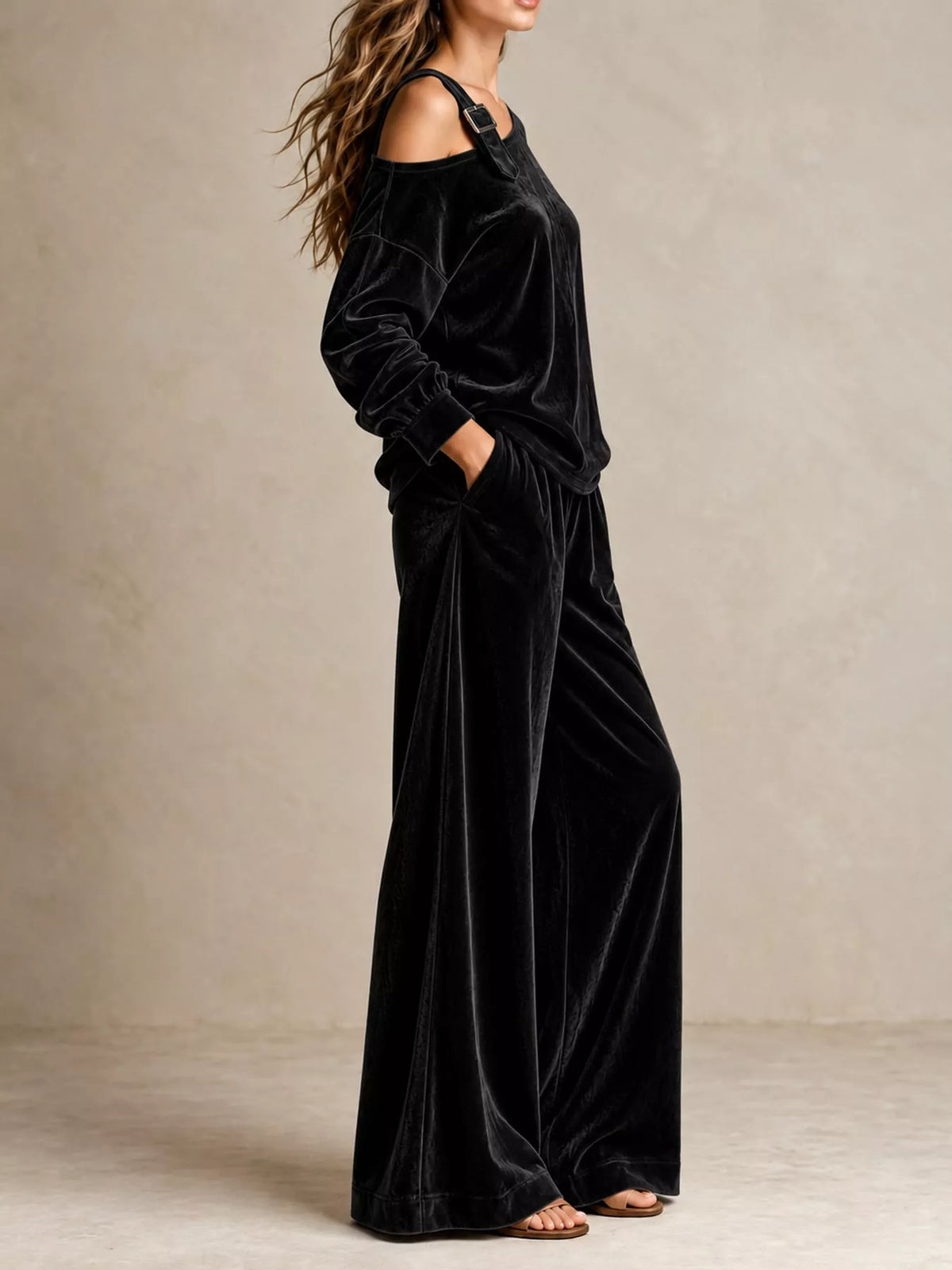 asymmetrical neck top and pants set | dropsona - neutral - close-up detail