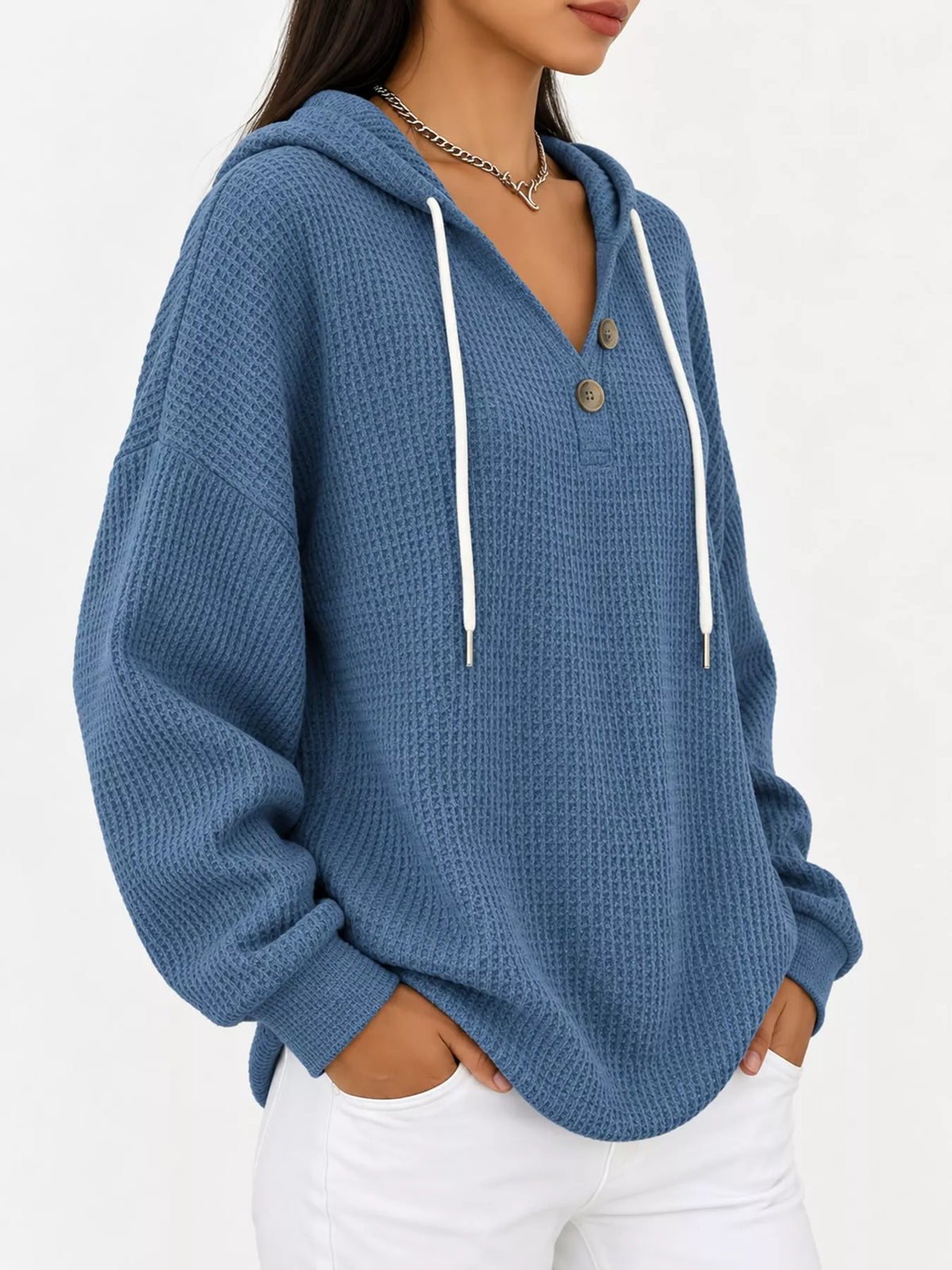 full size waffle knit button detail hoodie plus | dropsona - neutral - material texture