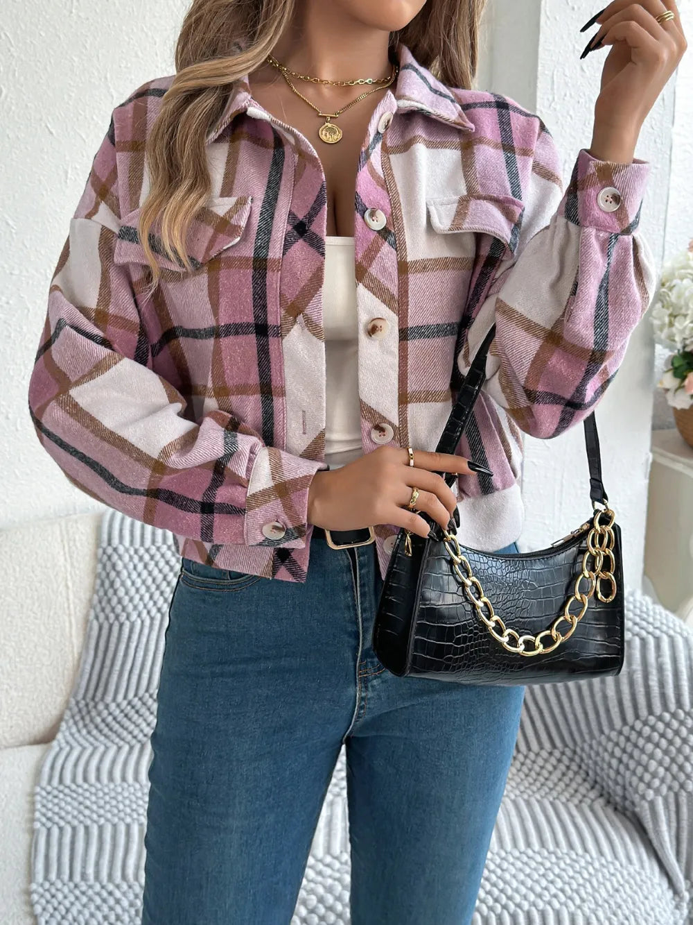 plaid button up long sleeve jacket – buttoned | dropsona - neutral - material texture