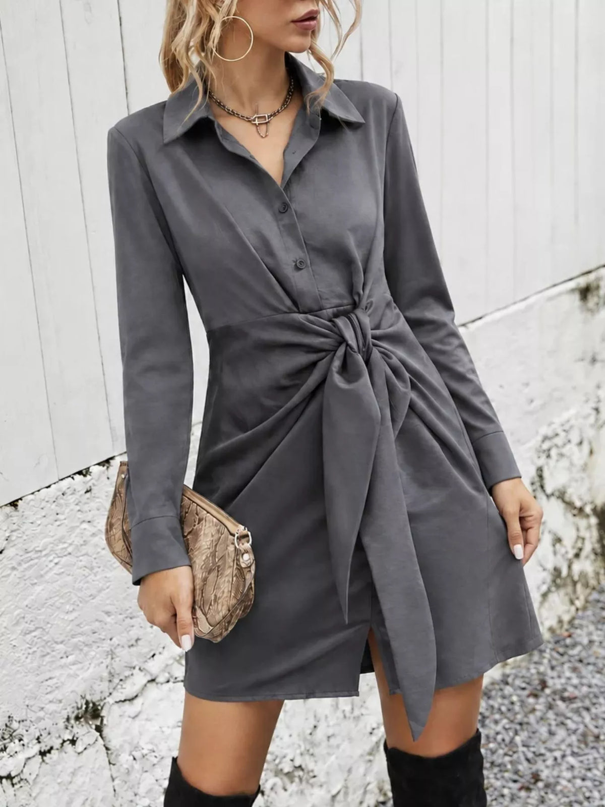 front-tie long sleeve shirt dress – tied, buttoned | dropsona - neutral - close-up detail