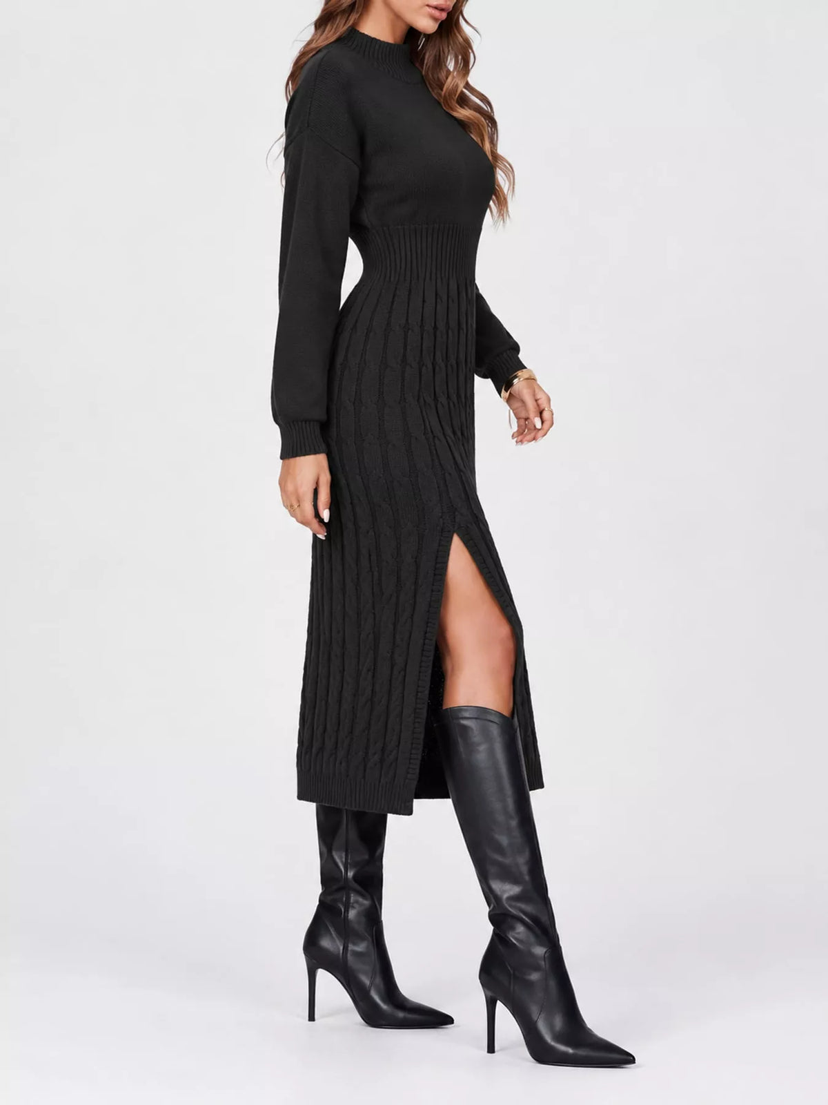 full size mock neck cable knit sweater dress with | dropsona - neutral - packaging