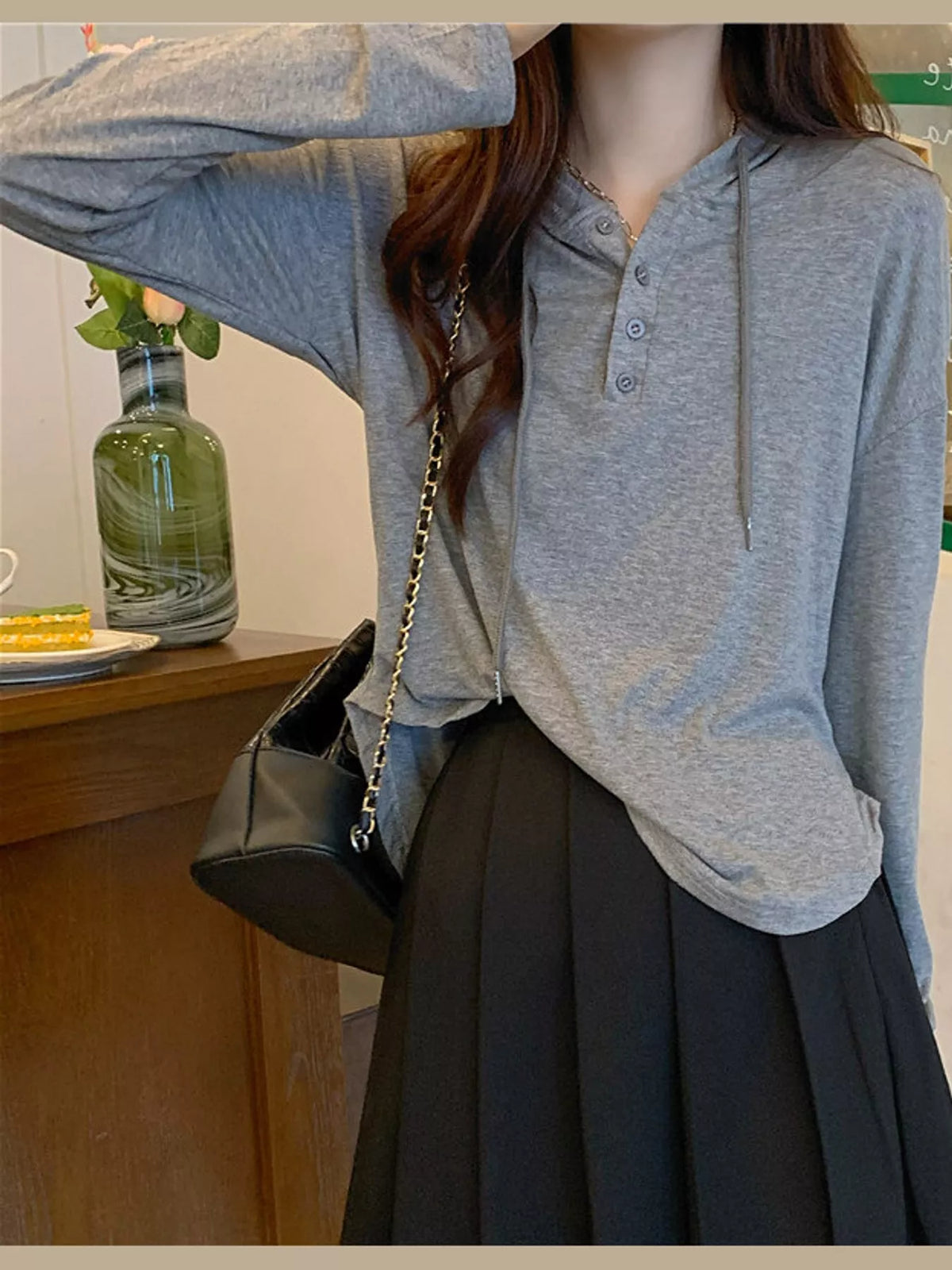casual long-sleeve hooded henley t-shirt | dropsona - neutral - close-up detail