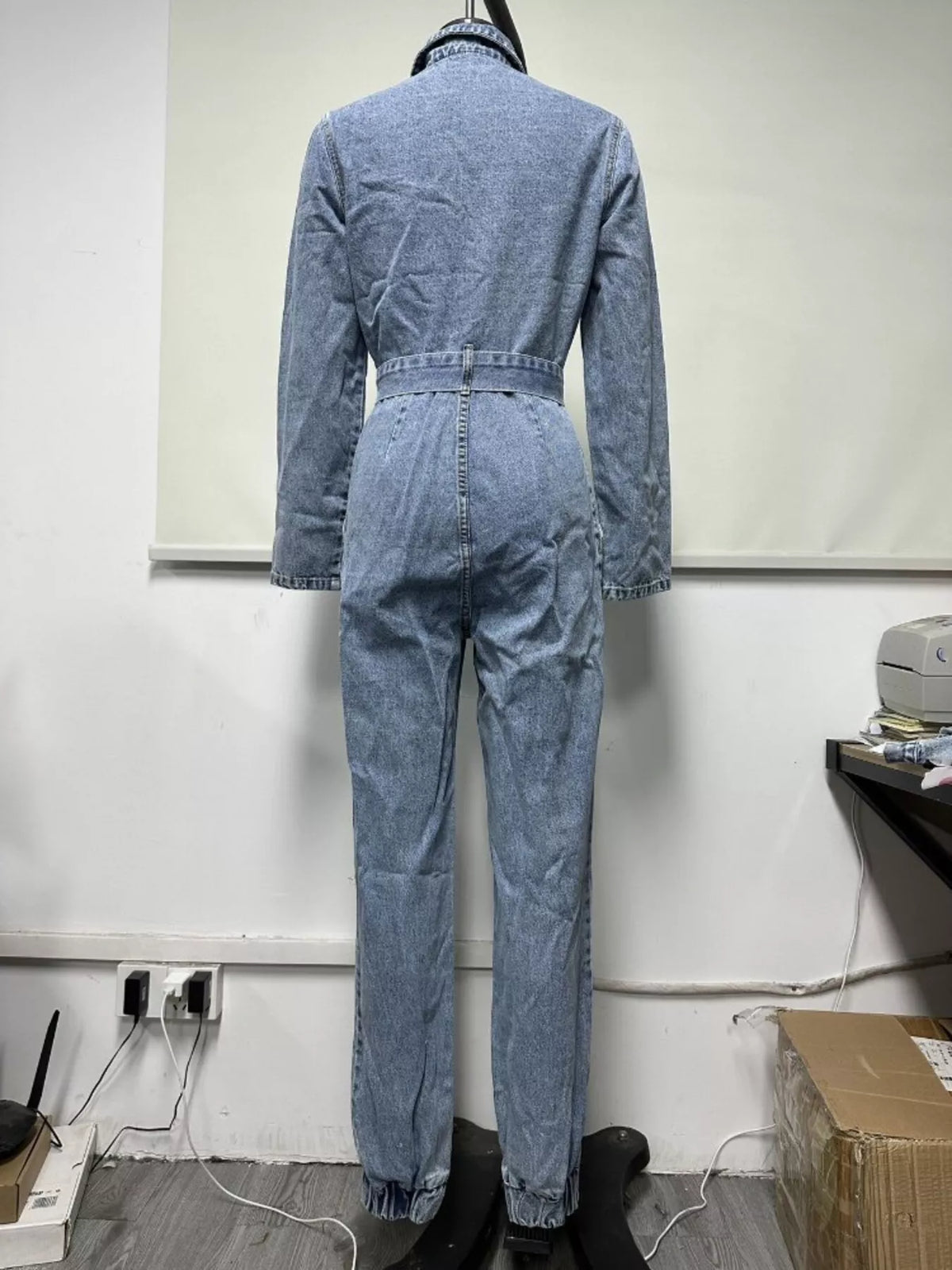 long sleeve button-up denim jumpsuit with belted | dropsona - neutral - usage example
