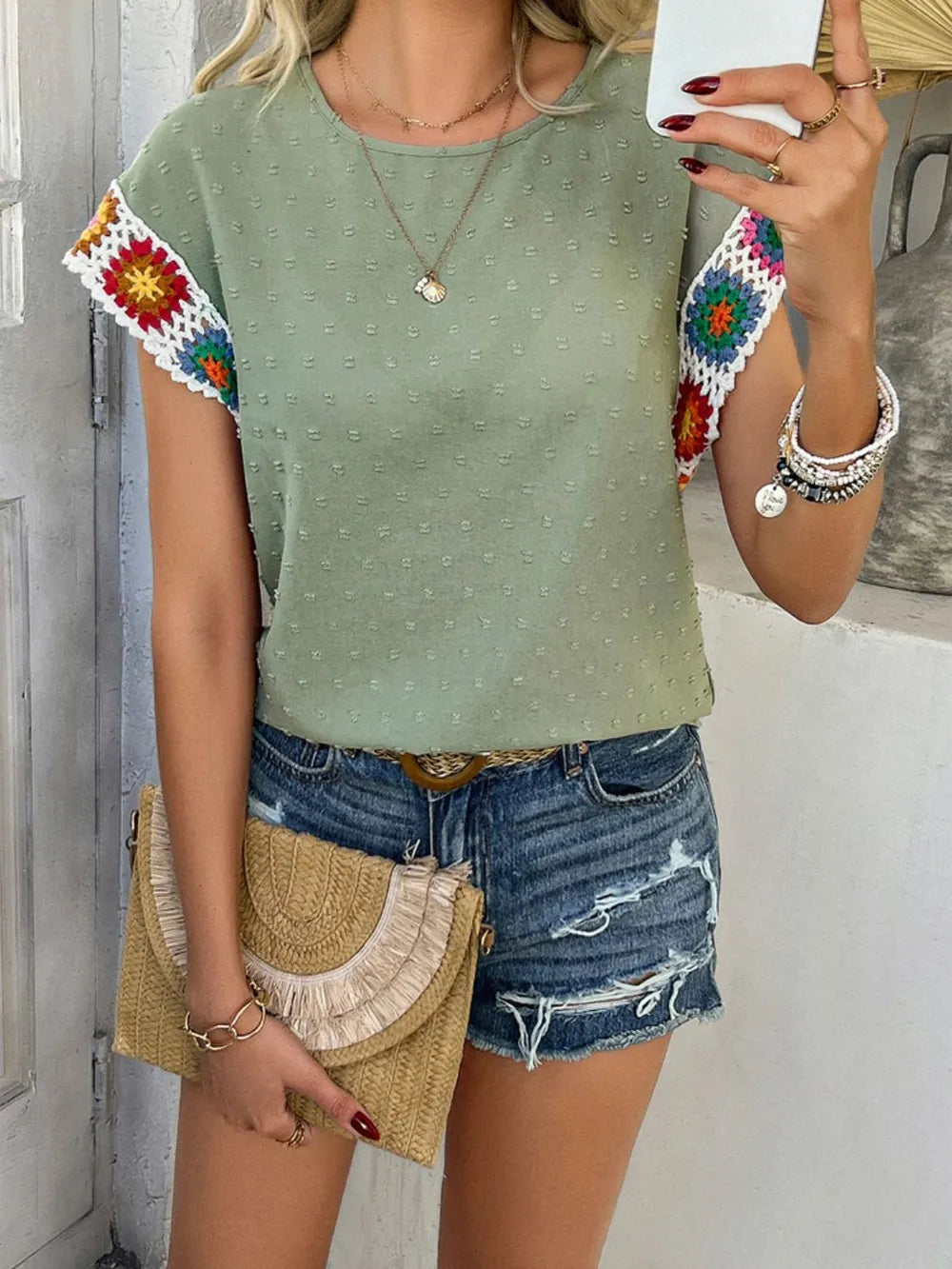 devine swiss dot round neck crochet short sleeve top - close-up detail