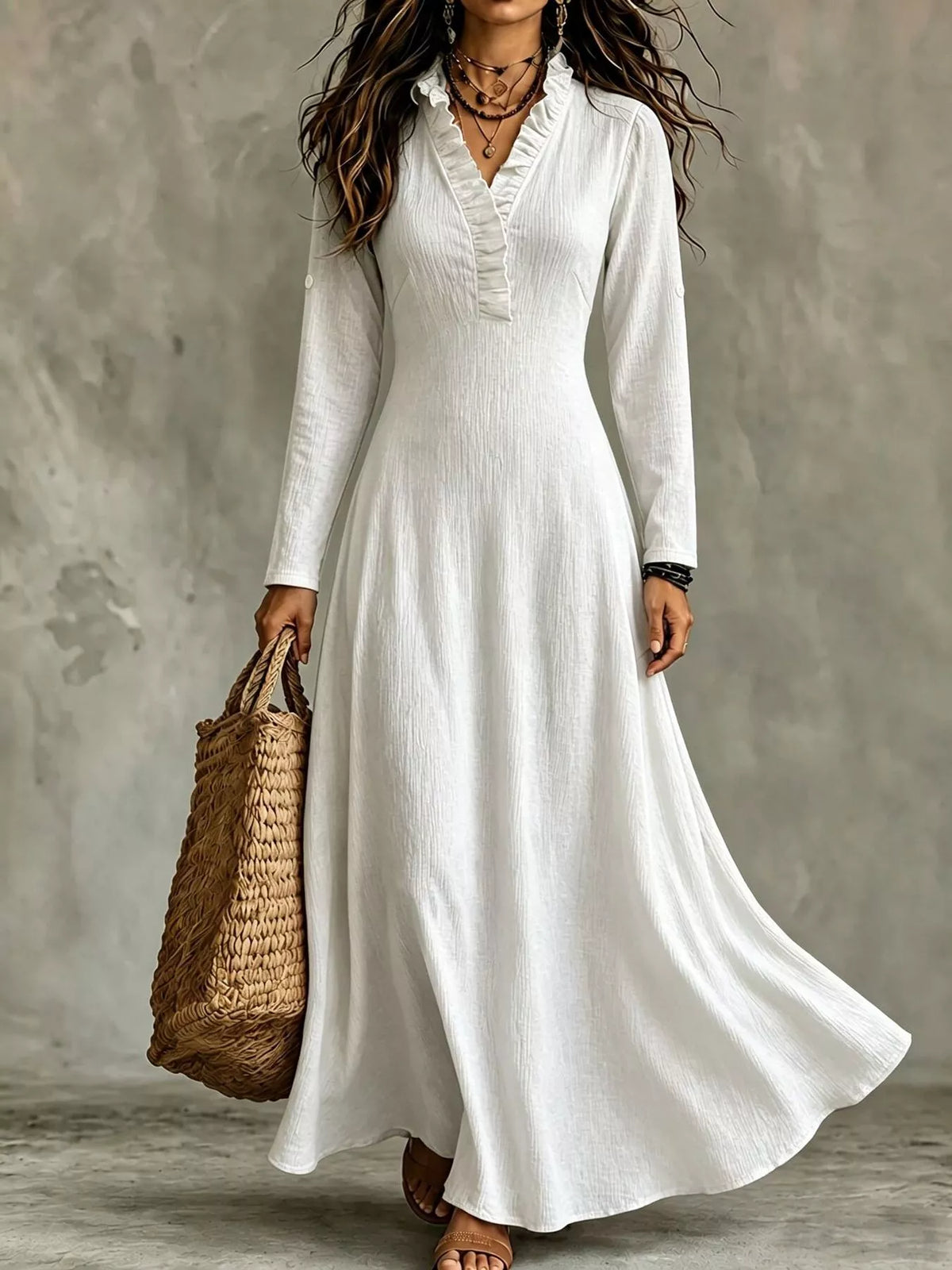 full size frill v-neck long sleeve maxi dress plus | dropsona - neutral - everyday use