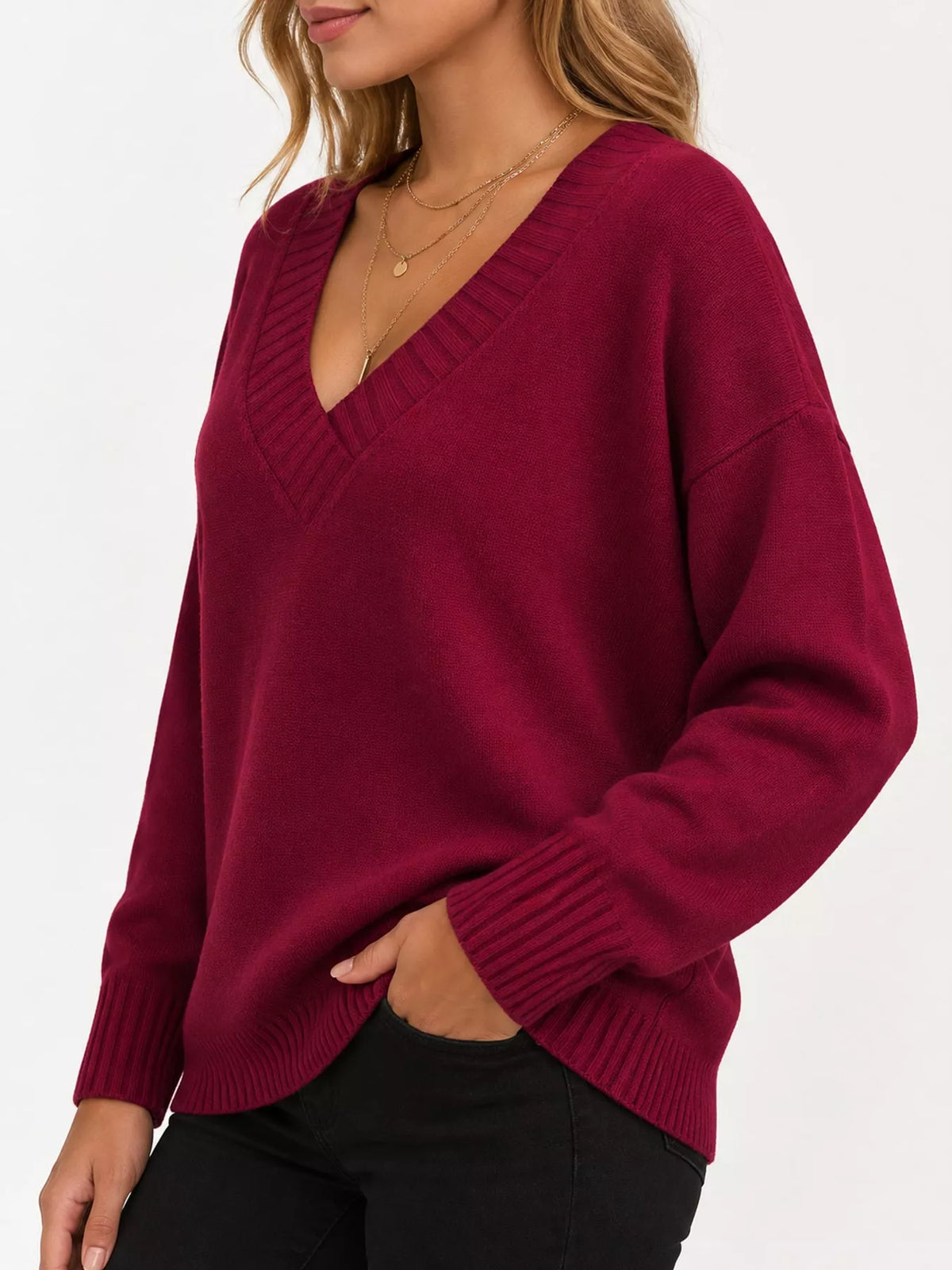 full size v-neck dropped shoulder sweater plus | dropsona - neutral - packaging