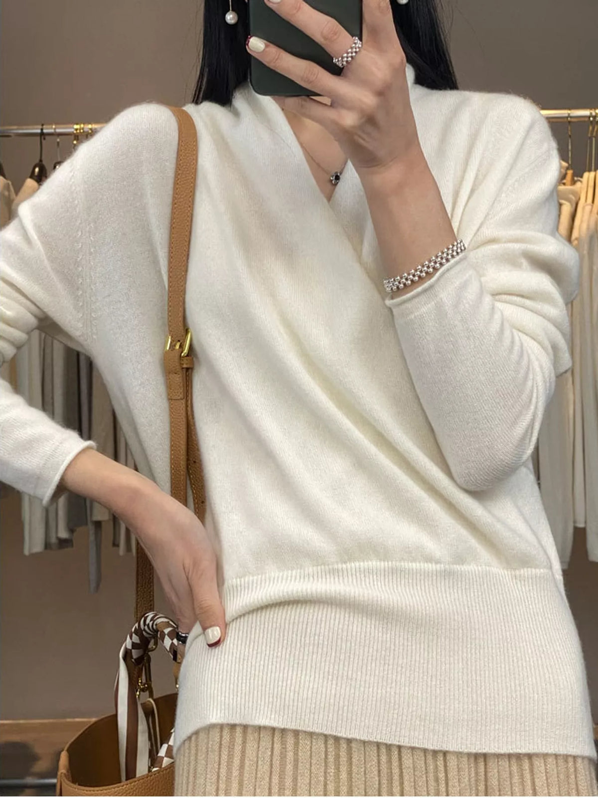 wrap-front long sleeve sweater – crisscross,ribbed fit | dropsona - neutral - close-up detail
