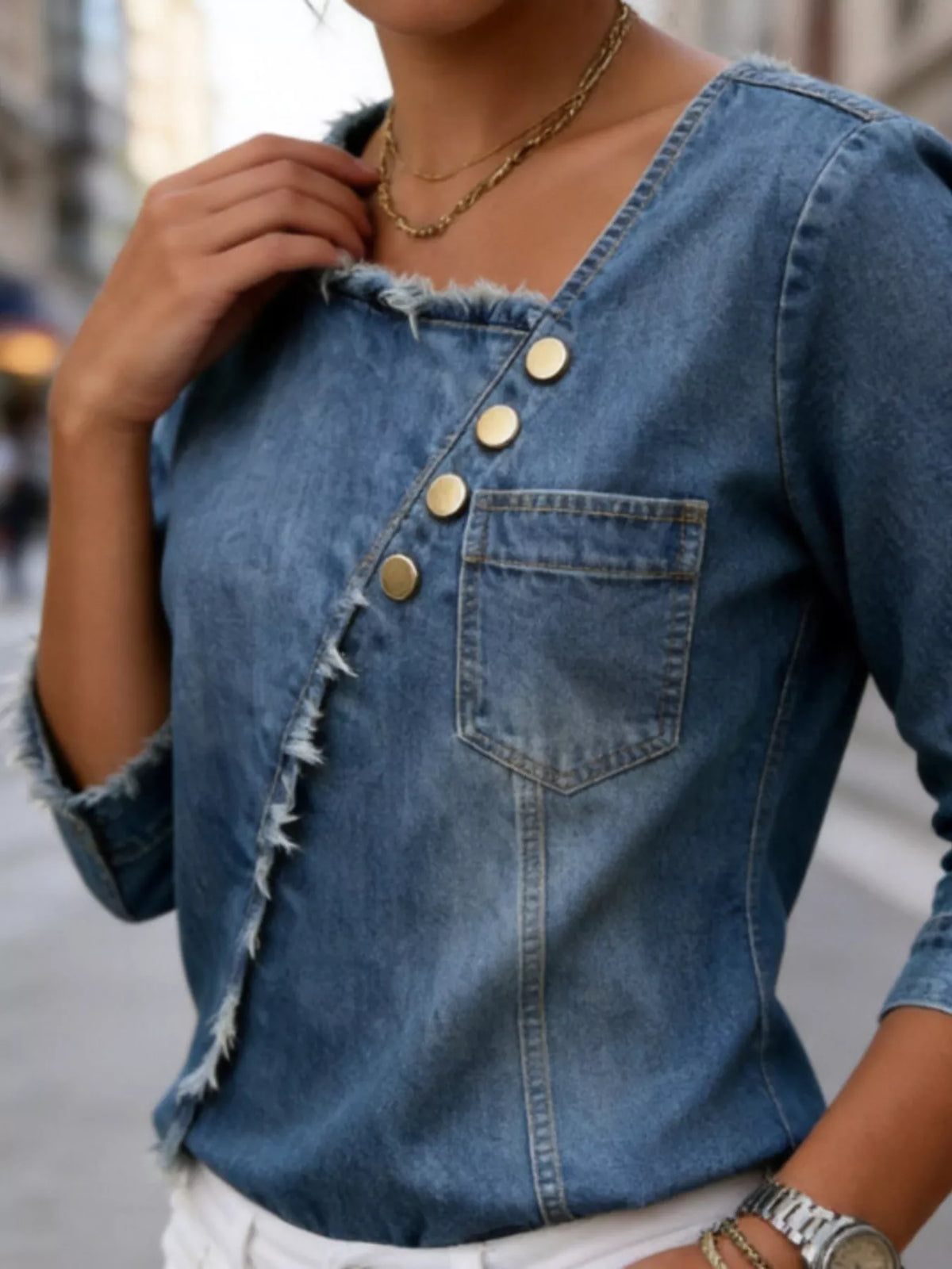 asymmetric raw-edge button-detail denim top | dropsona - neutral - material texture
