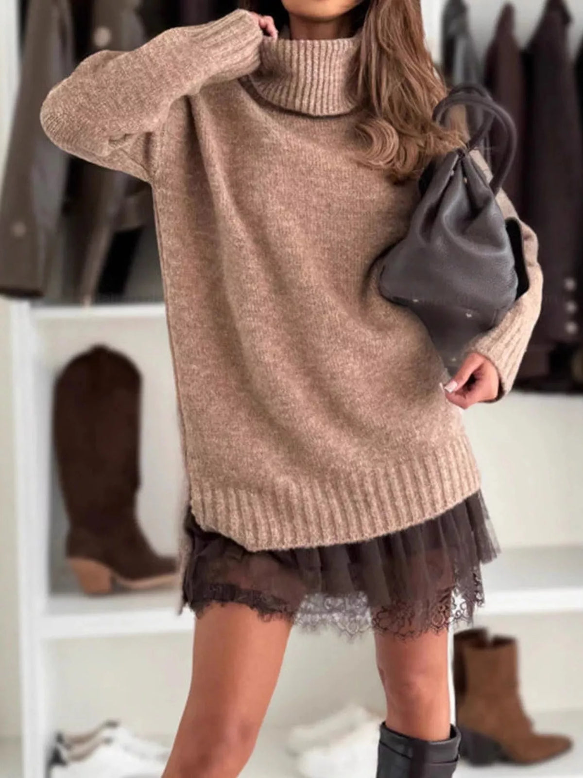 full size turtleneck sweater and lace hem dress set | dropsona - neutral - usage example