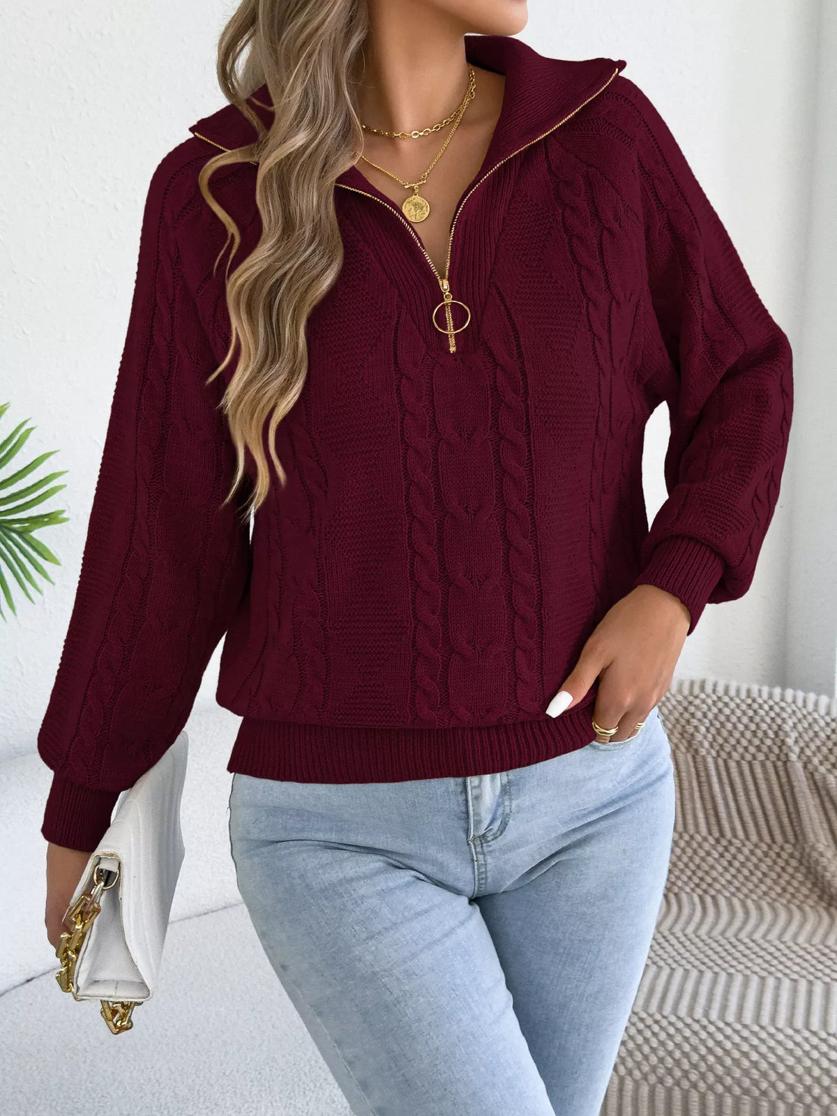 quarter-zip cable knit sweater – cable-knit,zipper | dropsona - neutral - material texture