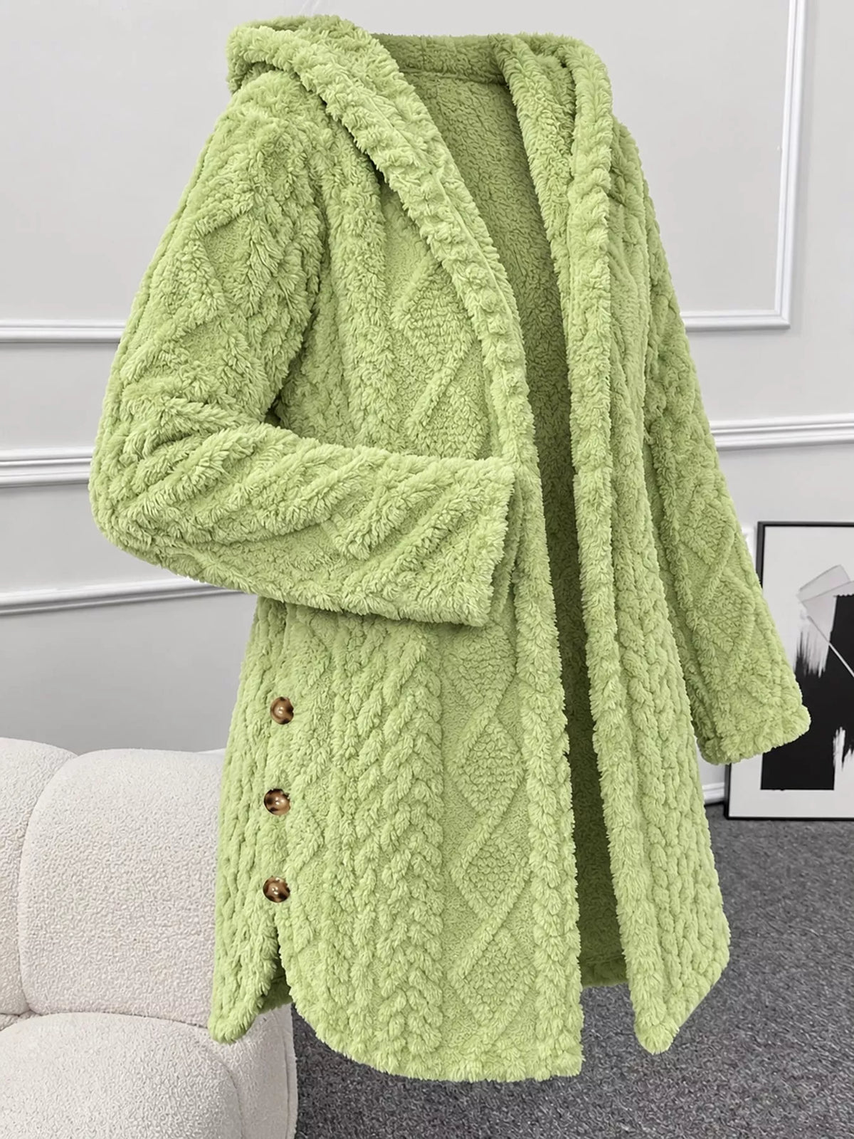 full size cozy cable-knit faux fur hooded outerwear | dropsona - neutral - usage example