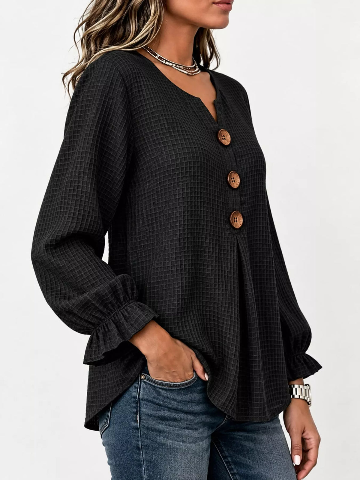 full size waffle knit flounce sleeve blouse plus | dropsona - neutral - size reference