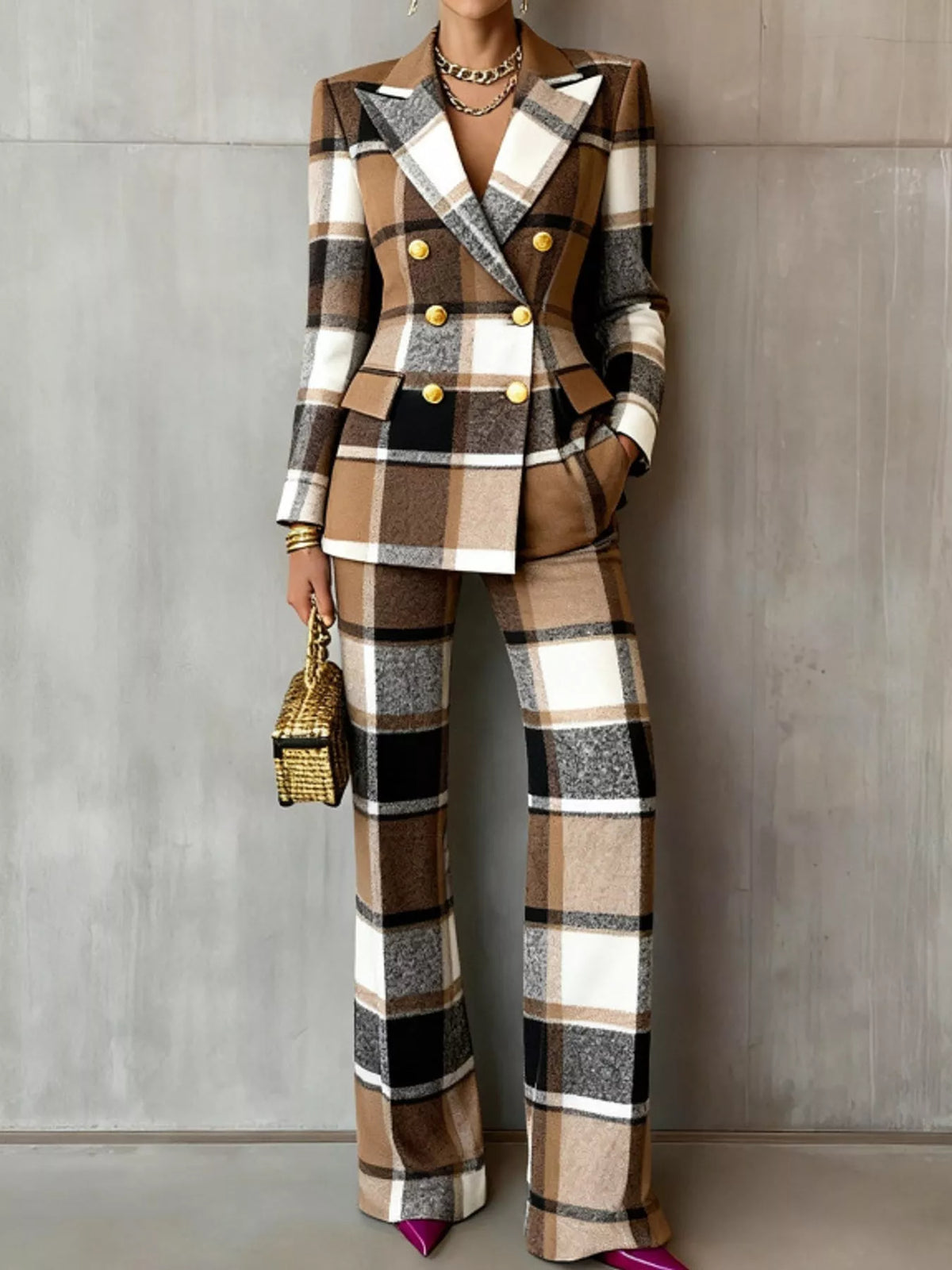 double-breasted blazer and pants set | dropsona - neutral - material texture