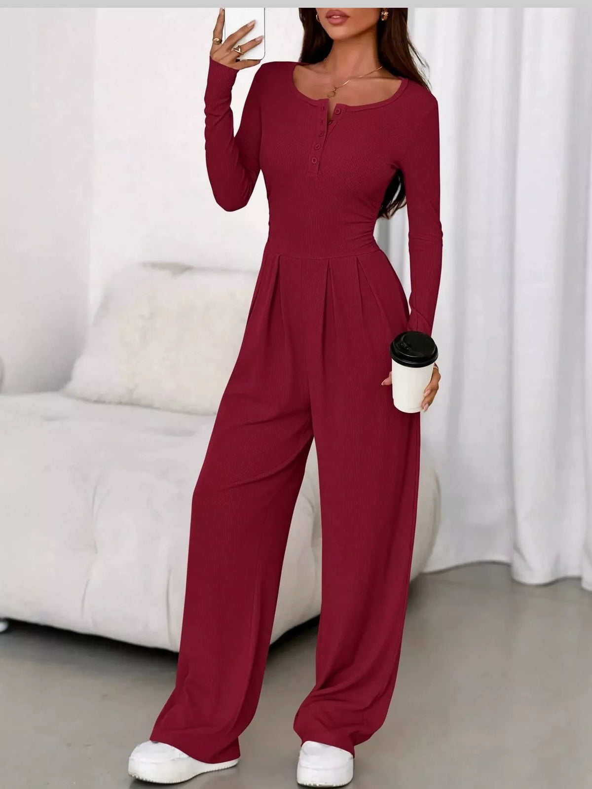 long sleeve ribbed knit wide leg jumpsuit | dropsona - neutral - everyday use