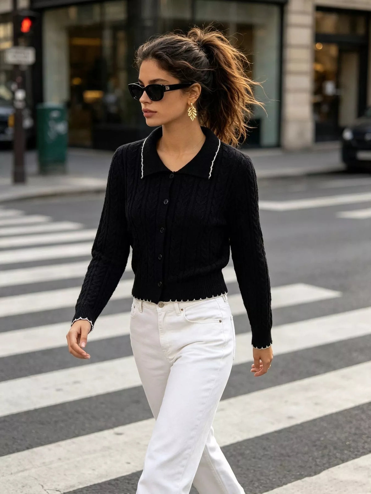 cable knit polo collar button-up cardigan | dropsona - neutral - size reference