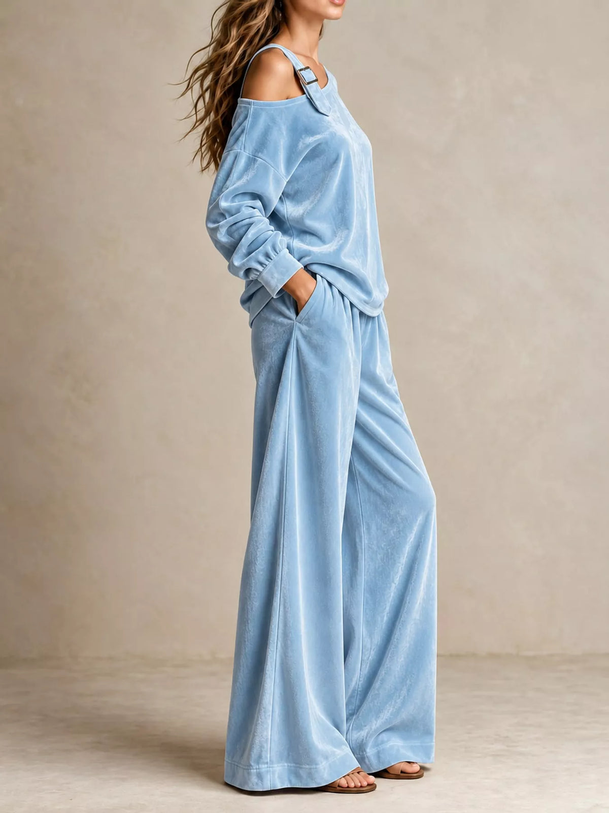 asymmetrical neck top and pants set | dropsona - neutral - size reference