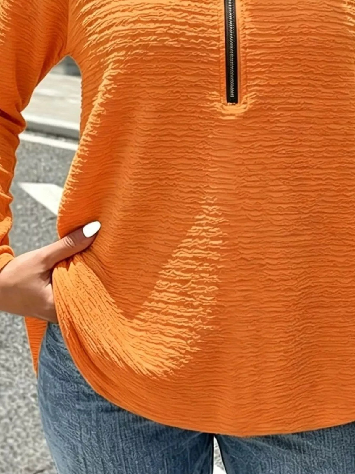 full size textured quarter-zip blouse plus | dropsona - neutral - close-up detail