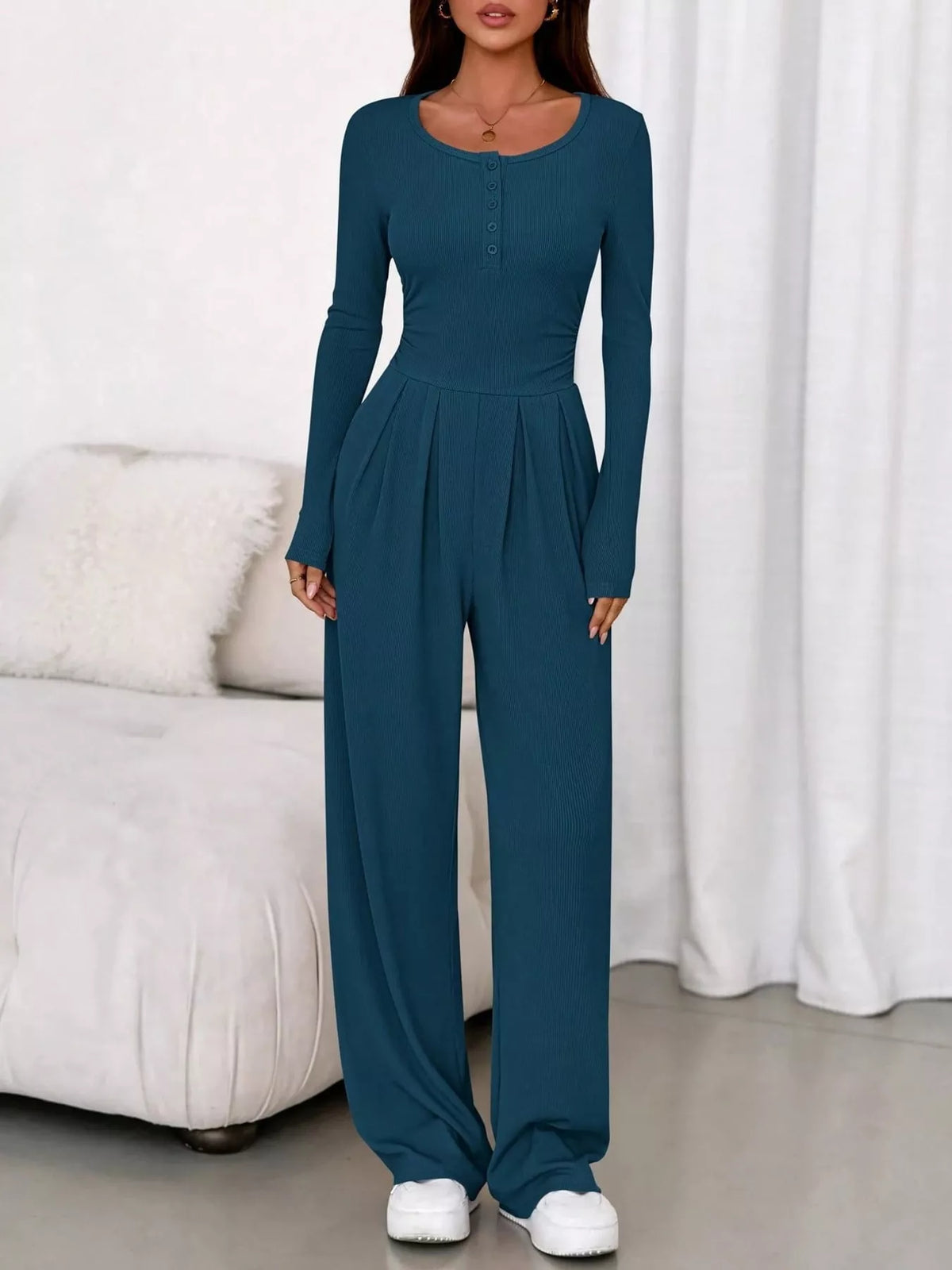 long sleeve ribbed knit wide leg jumpsuit | dropsona - neutral - size reference