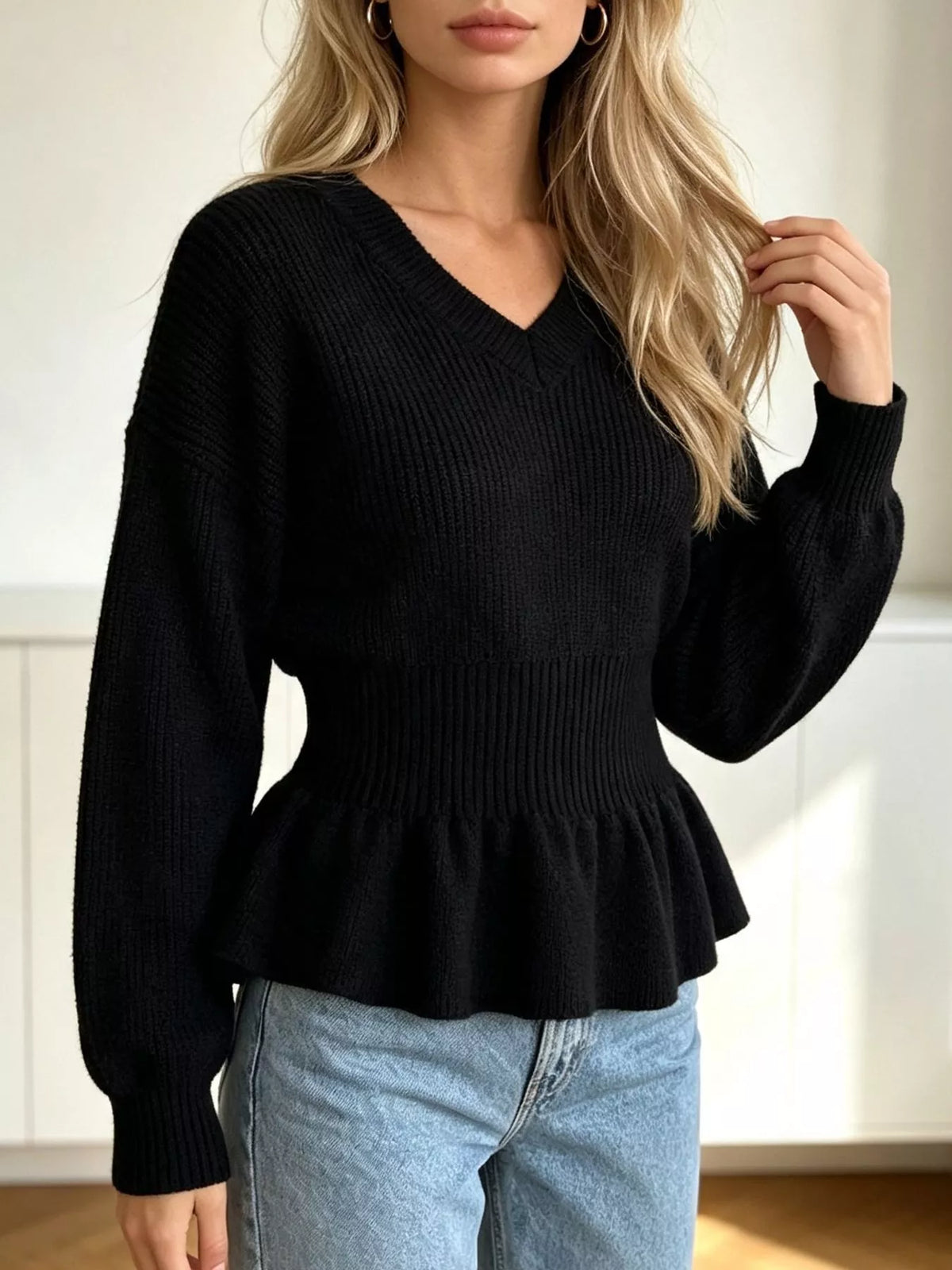 v-neck peplum hem ribbed knit top – | dropsona - neutral - usage example
