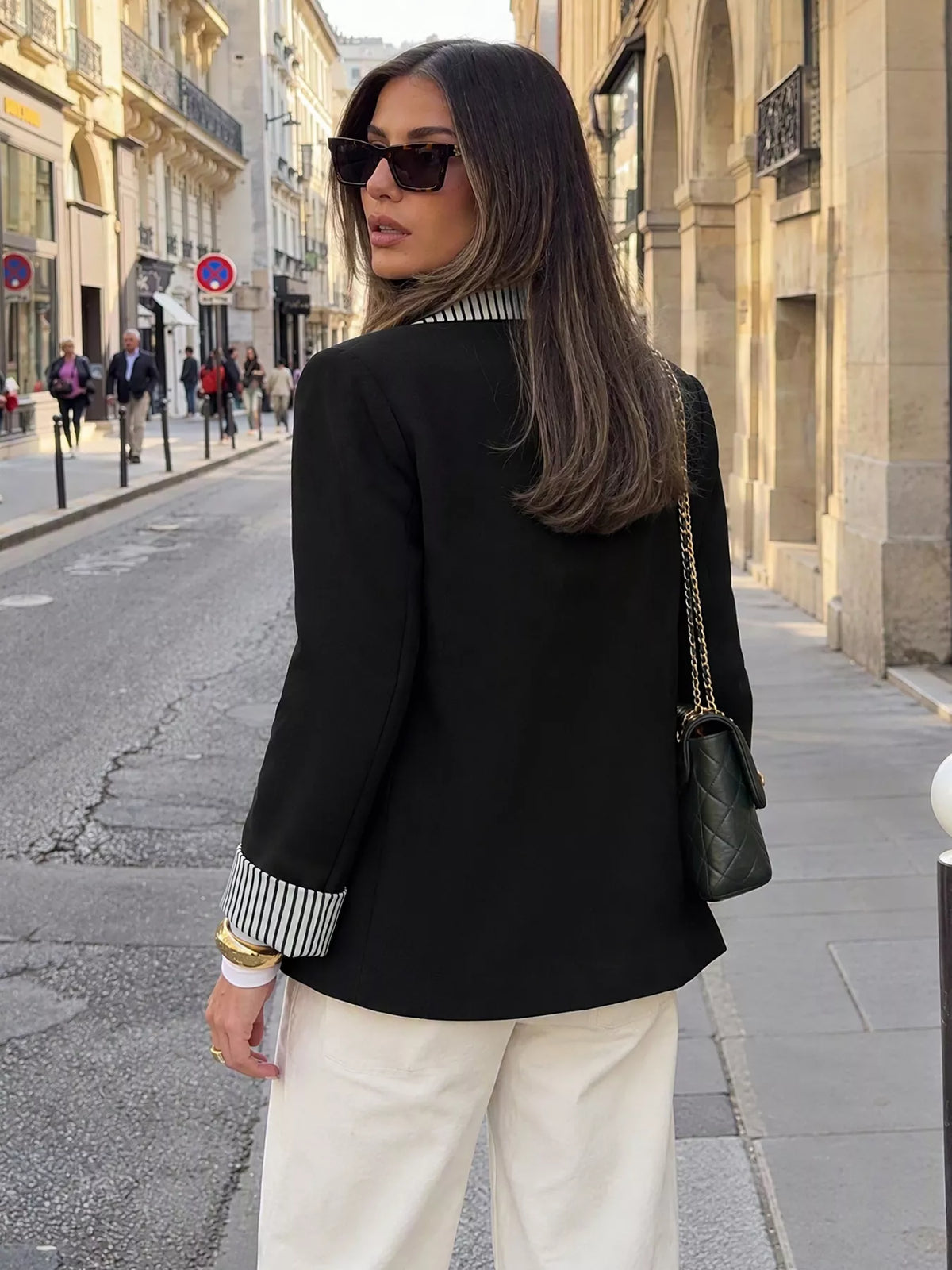 contrast striped lapel collar blazer – buttoned | dropsona - neutral - usage example
