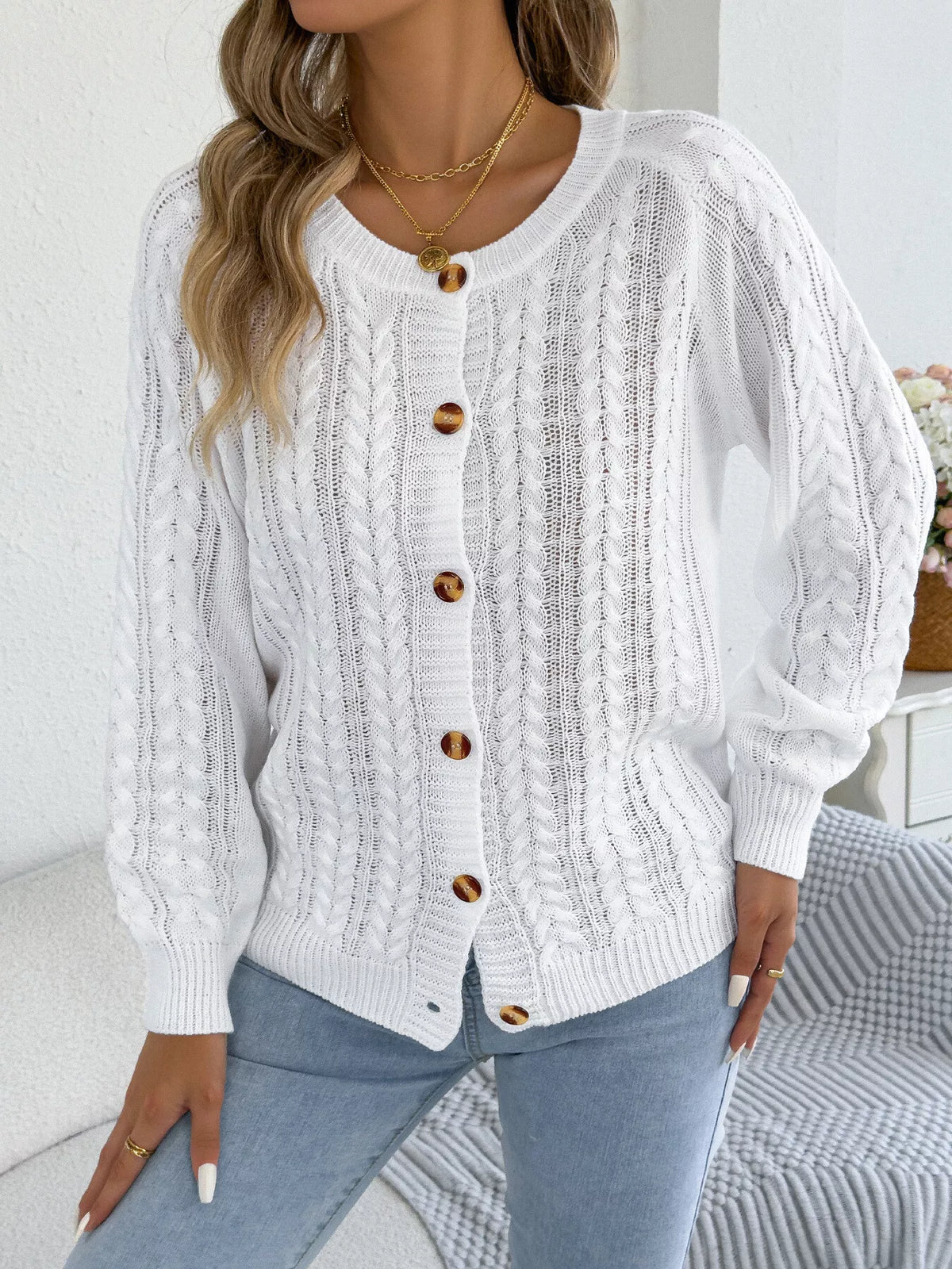 cable knit button-front cardigan – cable-knit,buttoned | dropsona - neutral - front view